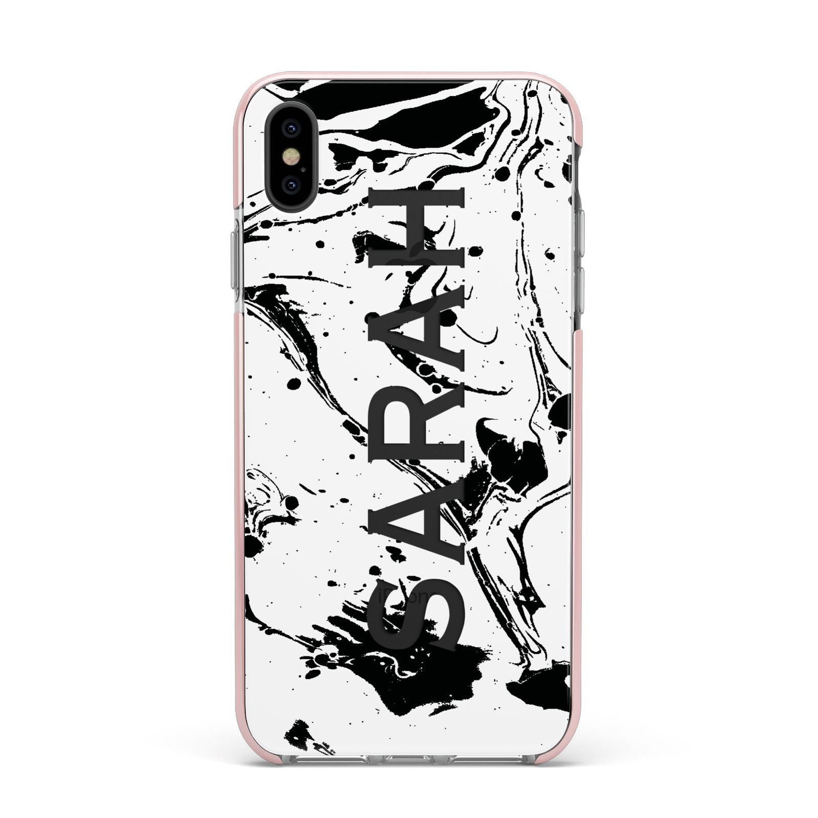 Personalised Clear Name Black Swirl Marble Custom Apple iPhone Xs Max Impact Case Pink Edge on Black Phone