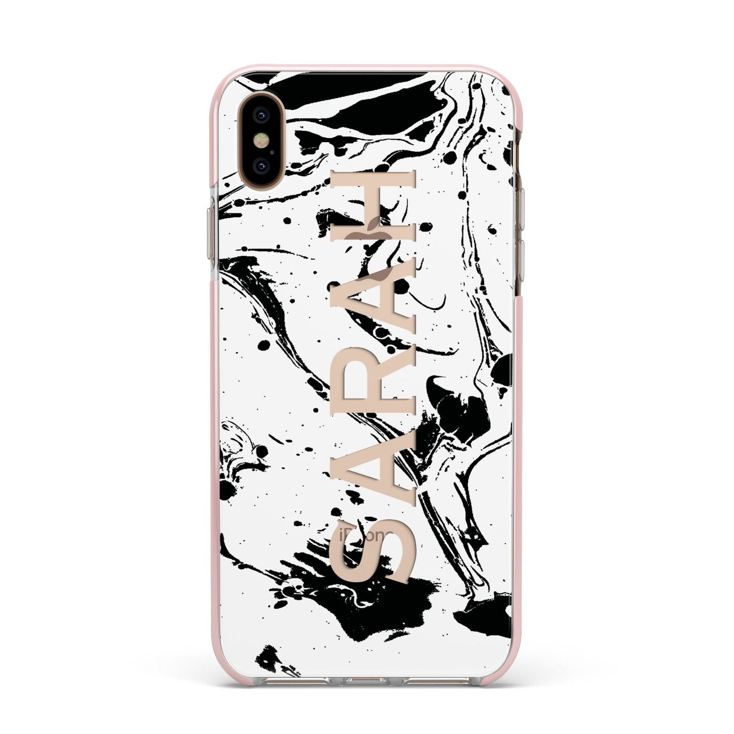 Personalised Clear Name Black Swirl Marble Custom Apple iPhone Xs Max Impact Case Pink Edge on Gold Phone