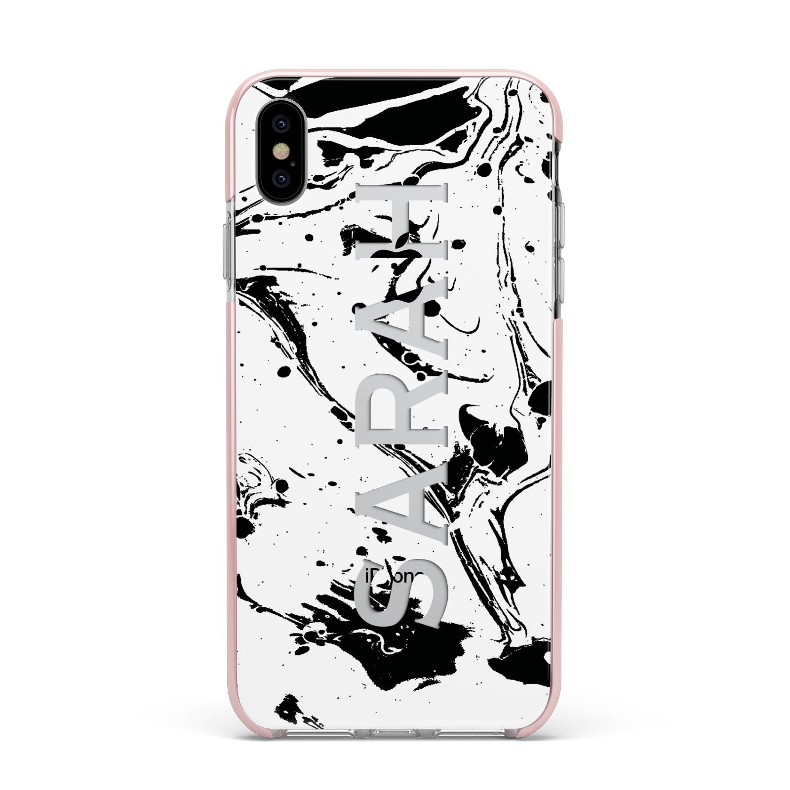 Personalised Clear Name Black Swirl Marble Custom Apple iPhone Xs Max Impact Case Pink Edge on Silver Phone