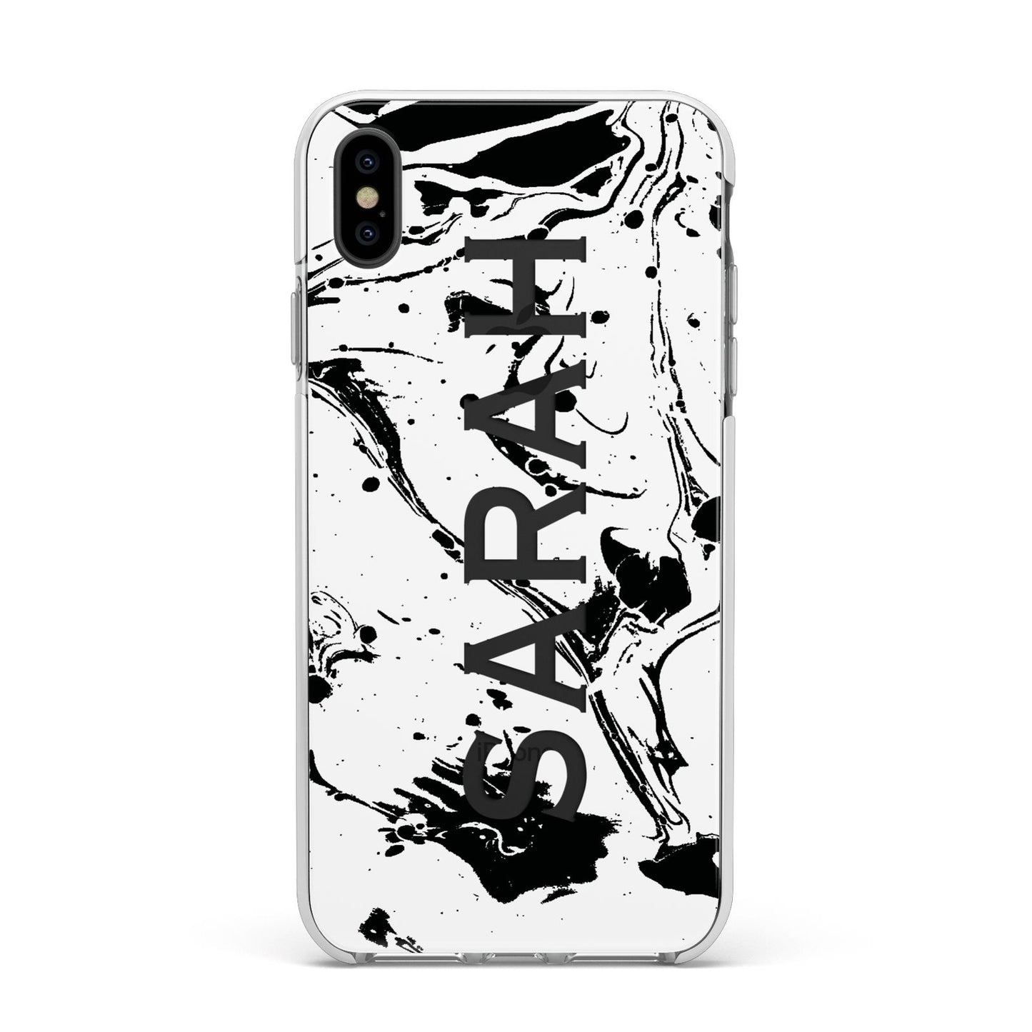 Personalised Clear Name Black Swirl Marble Custom Apple iPhone Xs Max Impact Case White Edge on Black Phone