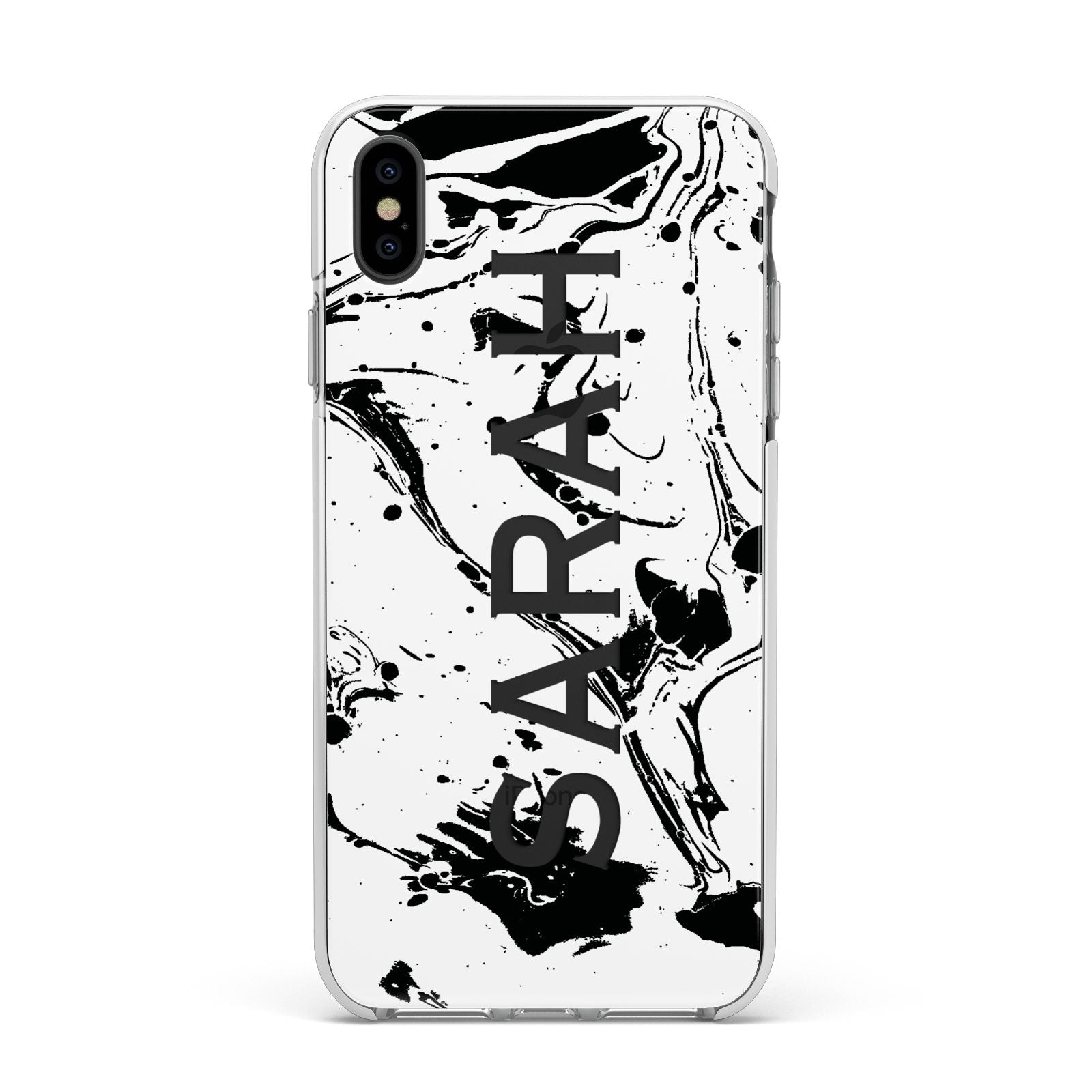 Personalised Clear Name Black Swirl Marble Custom Apple iPhone Xs Max Impact Case White Edge on Black Phone