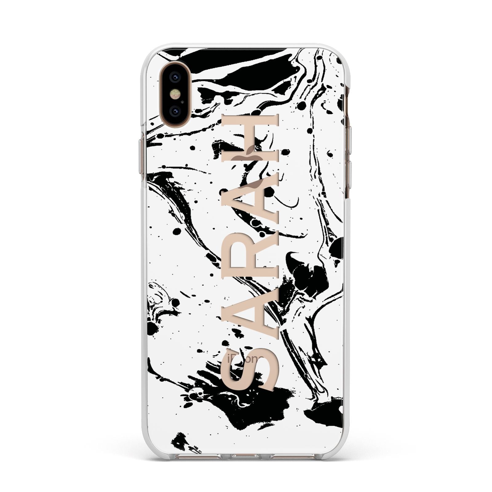 Personalised Clear Name Black Swirl Marble Custom Apple iPhone Xs Max Impact Case White Edge on Gold Phone