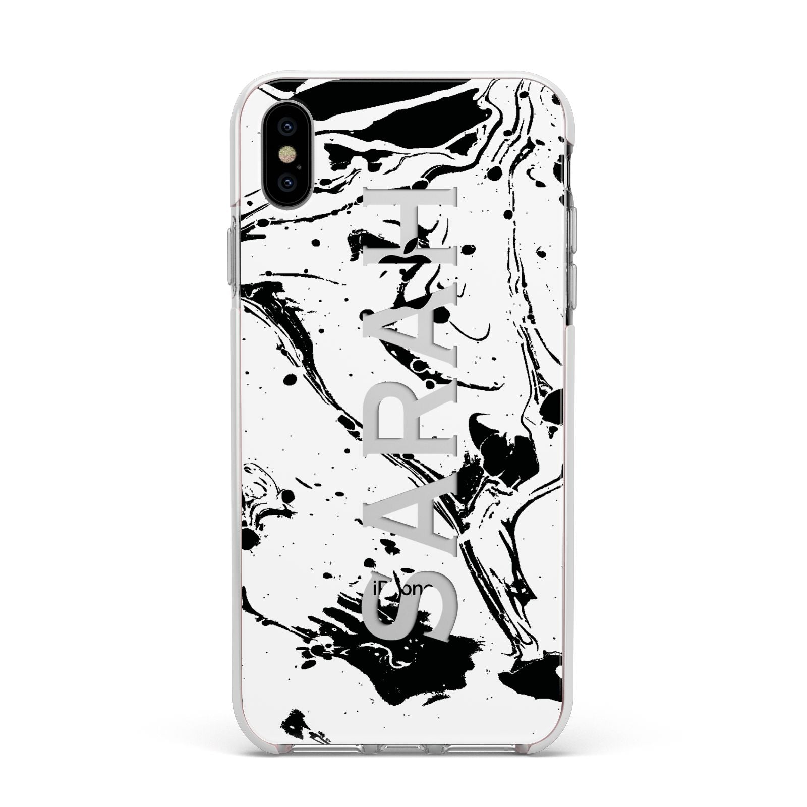 Personalised Clear Name Black Swirl Marble Custom Apple iPhone Xs Max Impact Case White Edge on Silver Phone