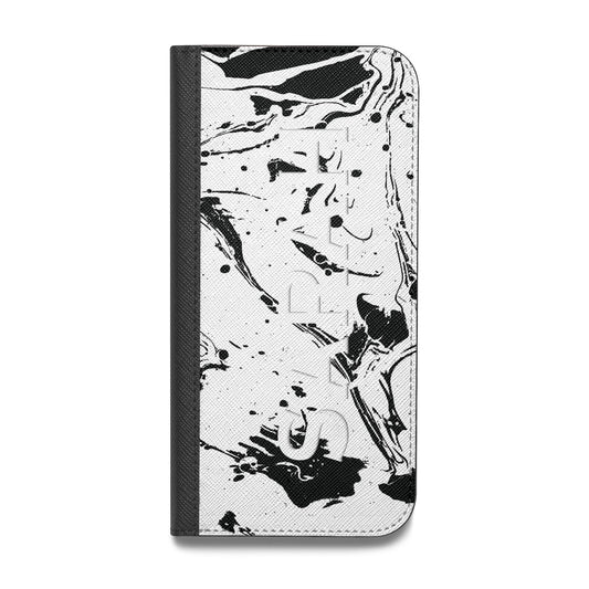 Personalised Clear Name Black Swirl Marble Custom Vegan Leather Flip iPhone Case