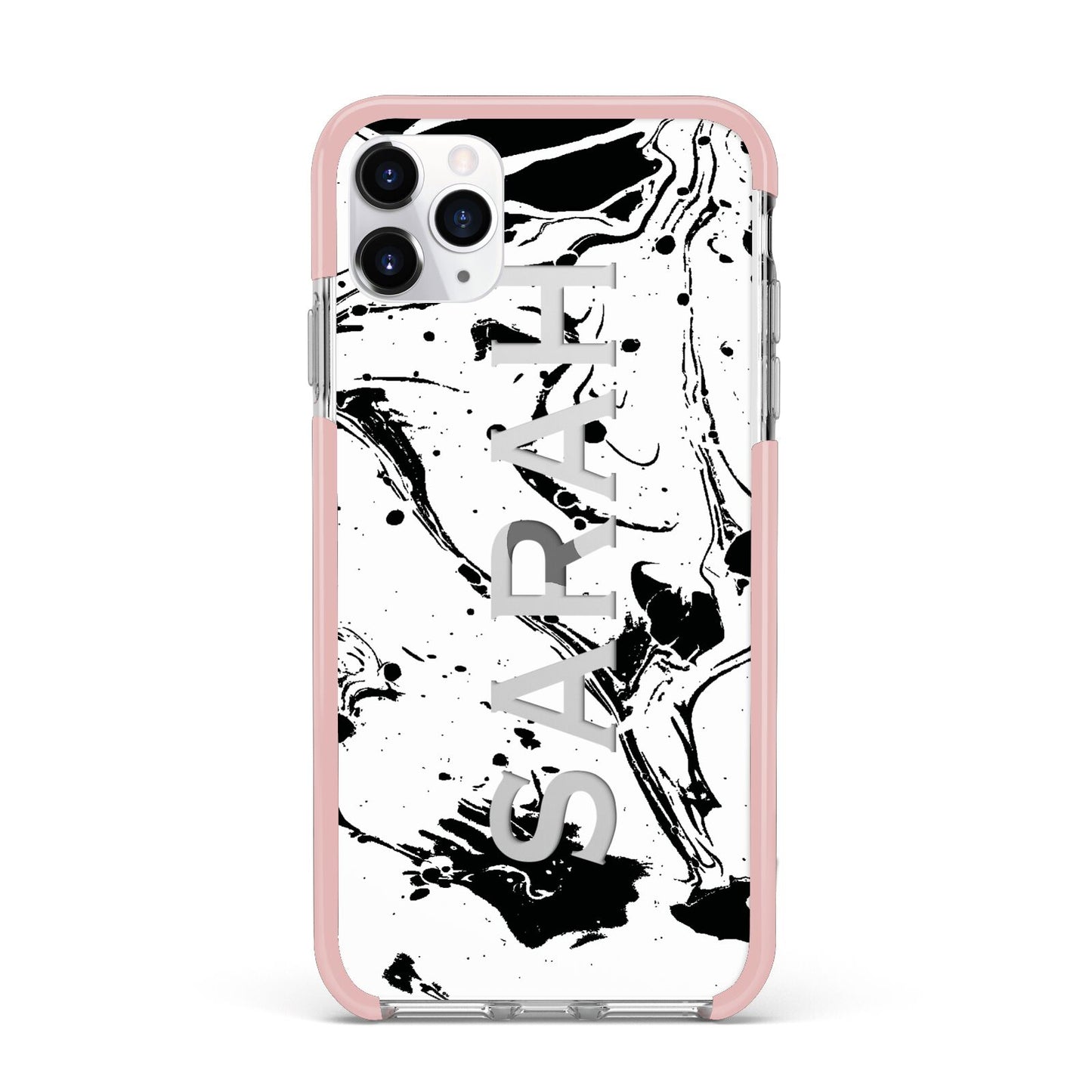 Personalised Clear Name Black Swirl Marble Custom iPhone 11 Pro Max Impact Pink Edge Case