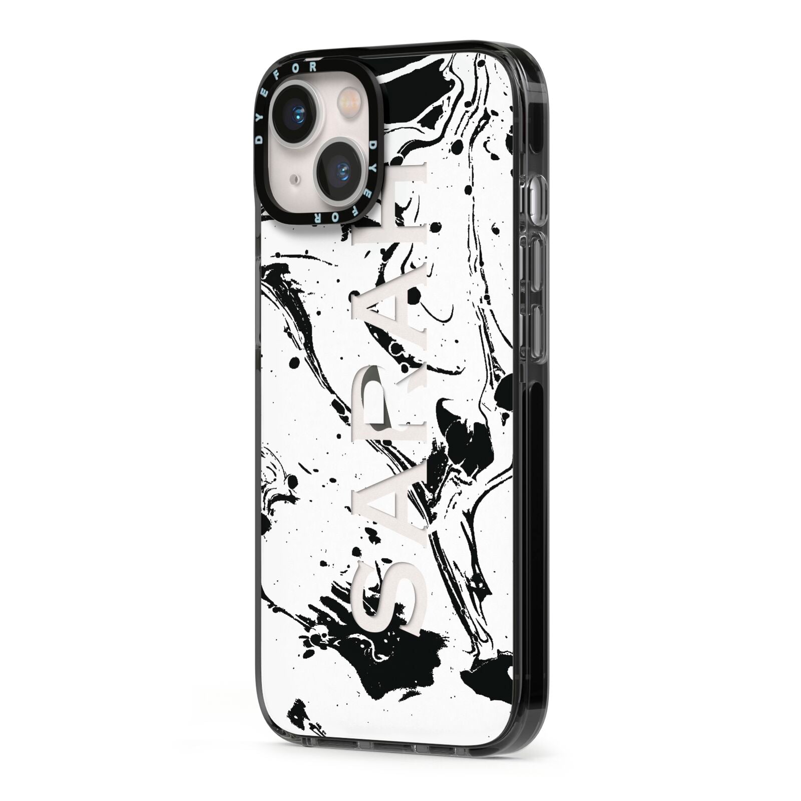 Personalised Clear Name Black Swirl Marble Custom iPhone 13 Black Impact Case Side Angle on Silver phone