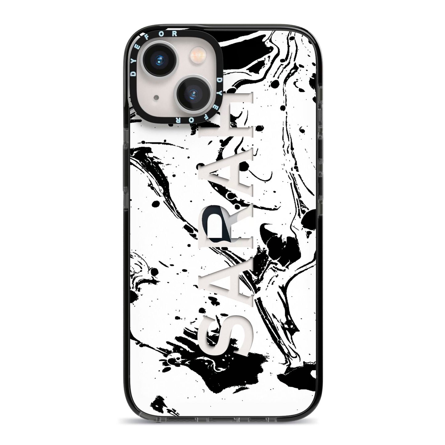 Personalised Clear Name Black Swirl Marble Custom iPhone 13 Black Impact Case on Silver phone