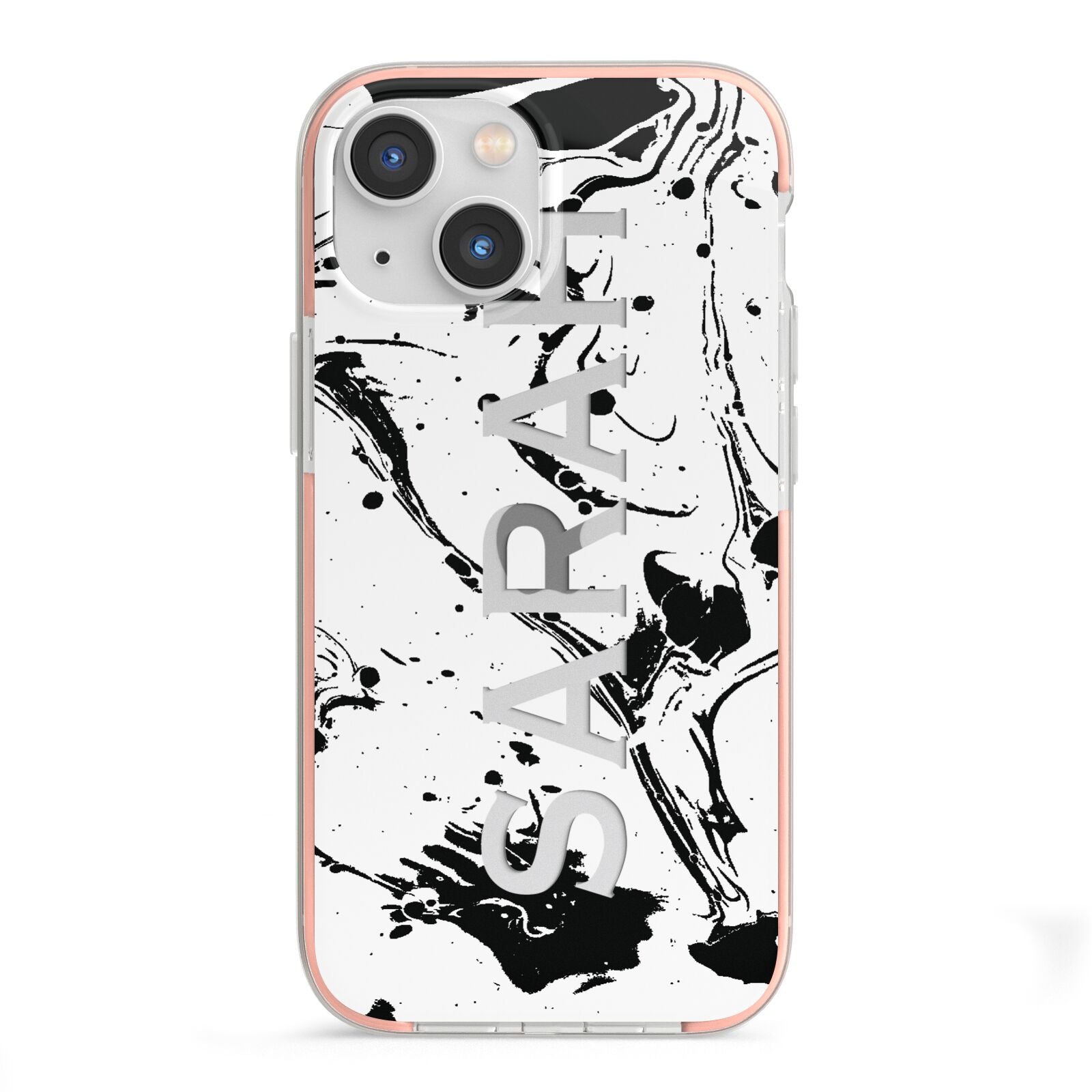 Personalised Clear Name Black Swirl Marble Custom iPhone 13 Mini TPU Impact Case with Pink Edges