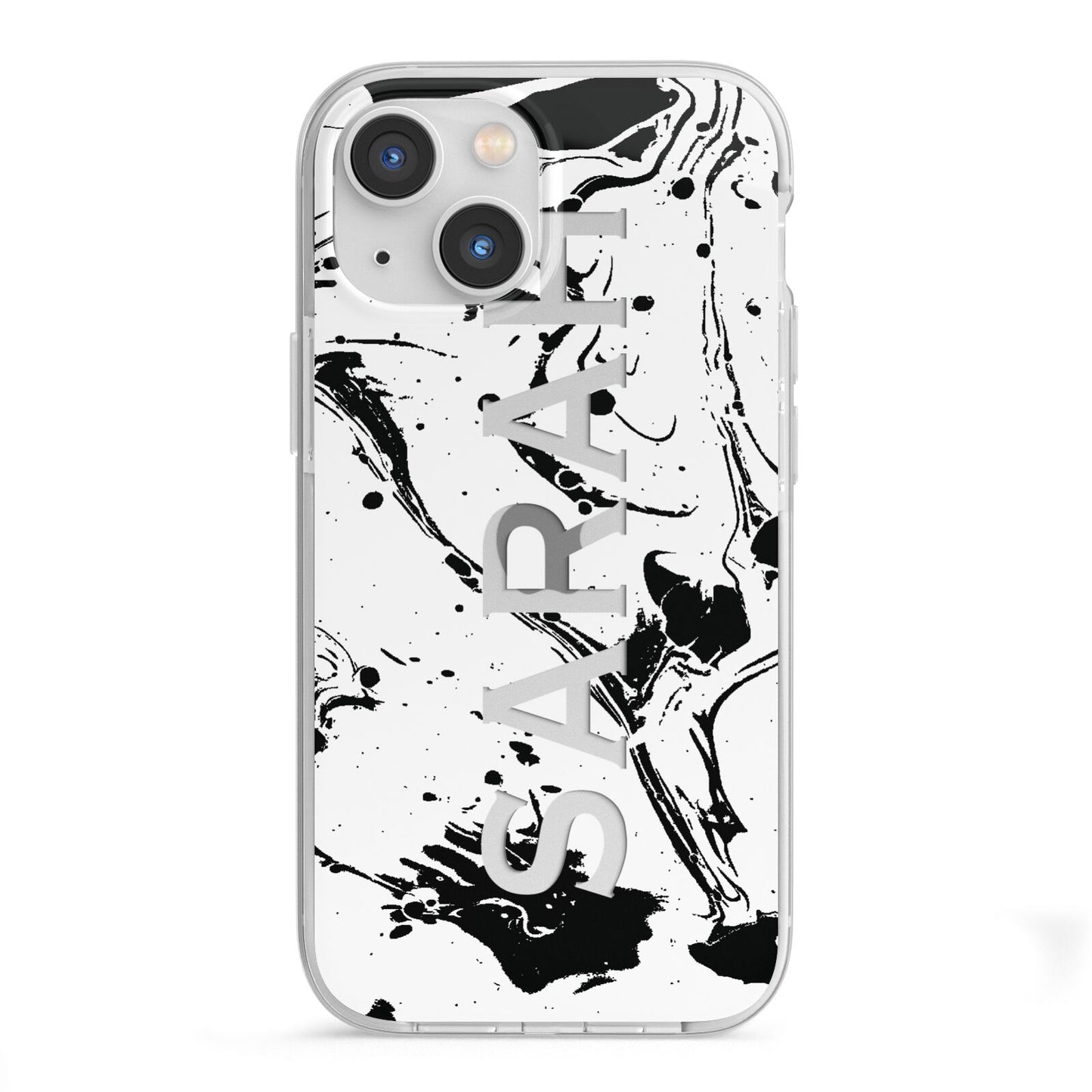 Personalised Clear Name Black Swirl Marble Custom iPhone 13 Mini TPU Impact Case with White Edges