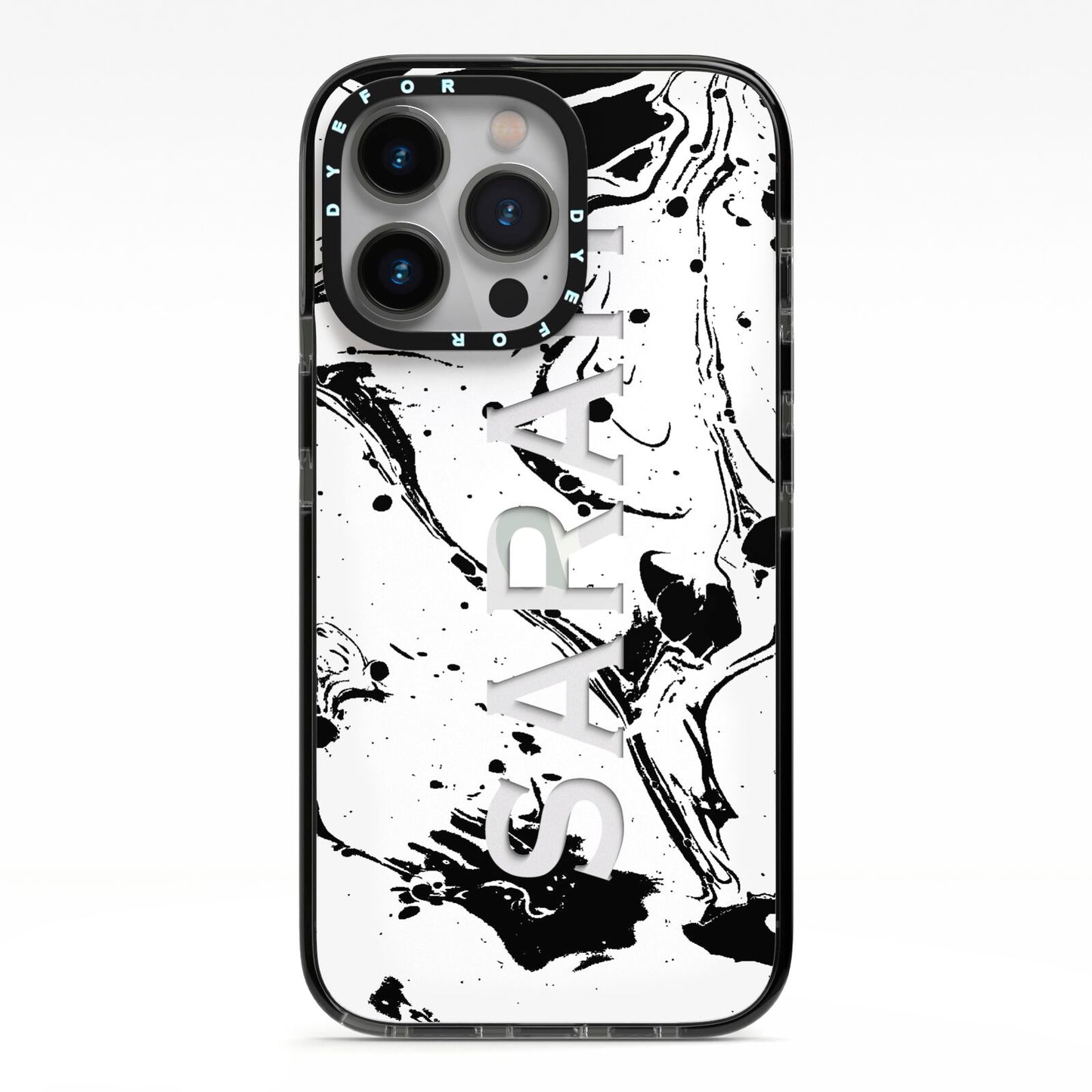 Personalised Clear Name Black Swirl Marble Custom iPhone 13 Pro Black Impact Case on Silver phone