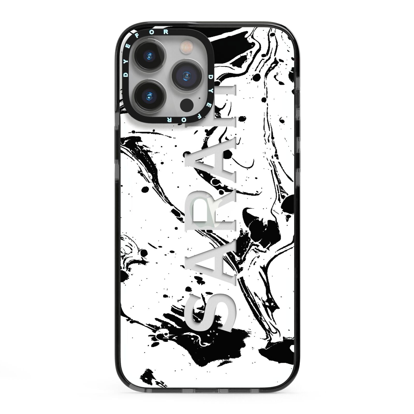 Personalised Clear Name Black Swirl Marble Custom iPhone 13 Pro Max Black Impact Case on Silver phone