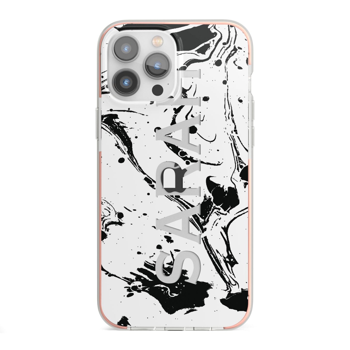 Personalised Clear Name Black Swirl Marble Custom iPhone 13 Pro Max TPU Impact Case with Pink Edges