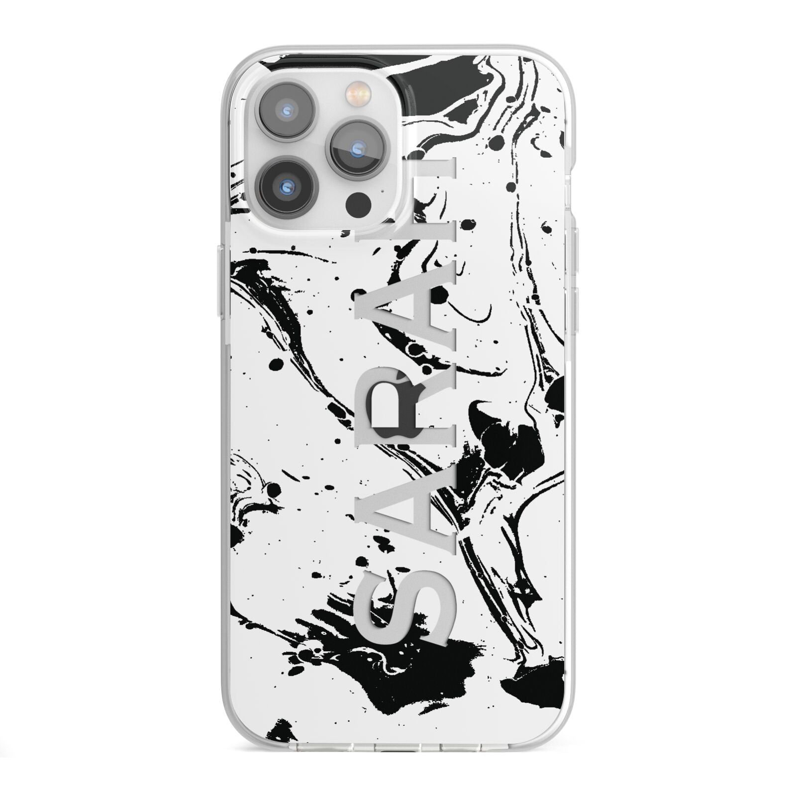 Personalised Clear Name Black Swirl Marble Custom iPhone 13 Pro Max TPU Impact Case with White Edges