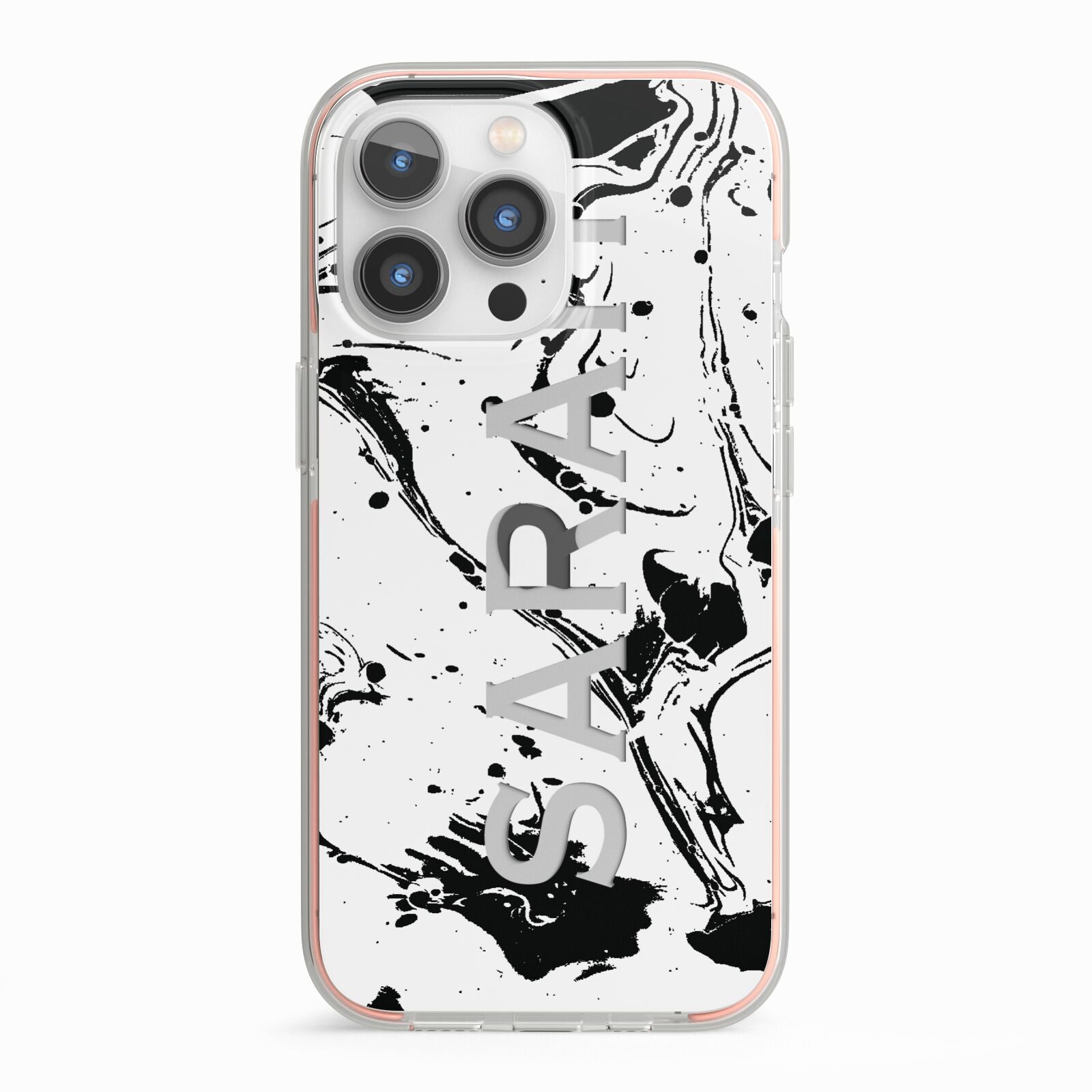 Personalised Clear Name Black Swirl Marble Custom iPhone 13 Pro TPU Impact Case with Pink Edges