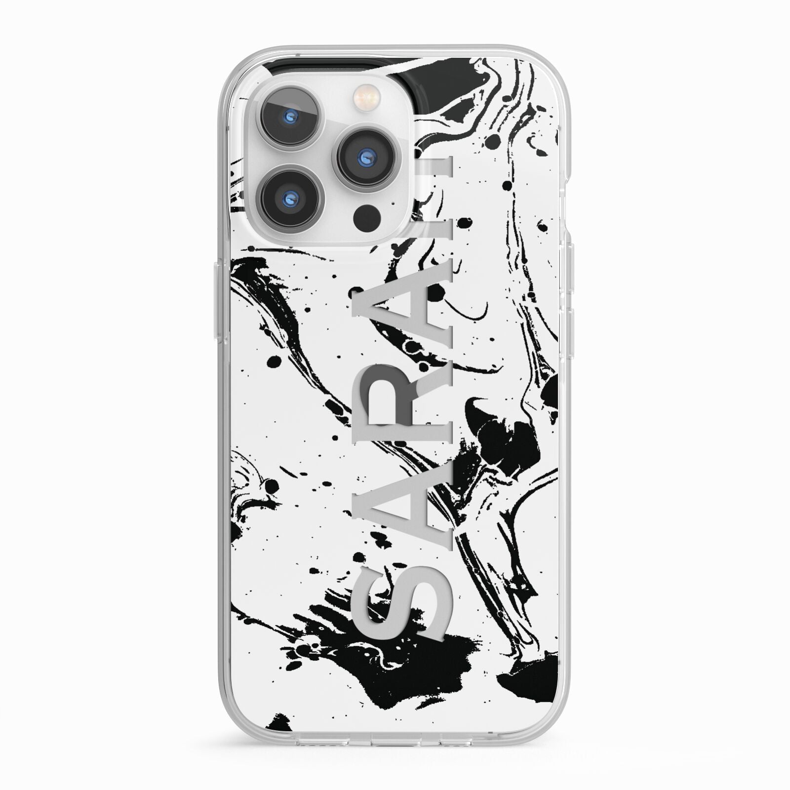 Personalised Clear Name Black Swirl Marble Custom iPhone 13 Pro TPU Impact Case with White Edges