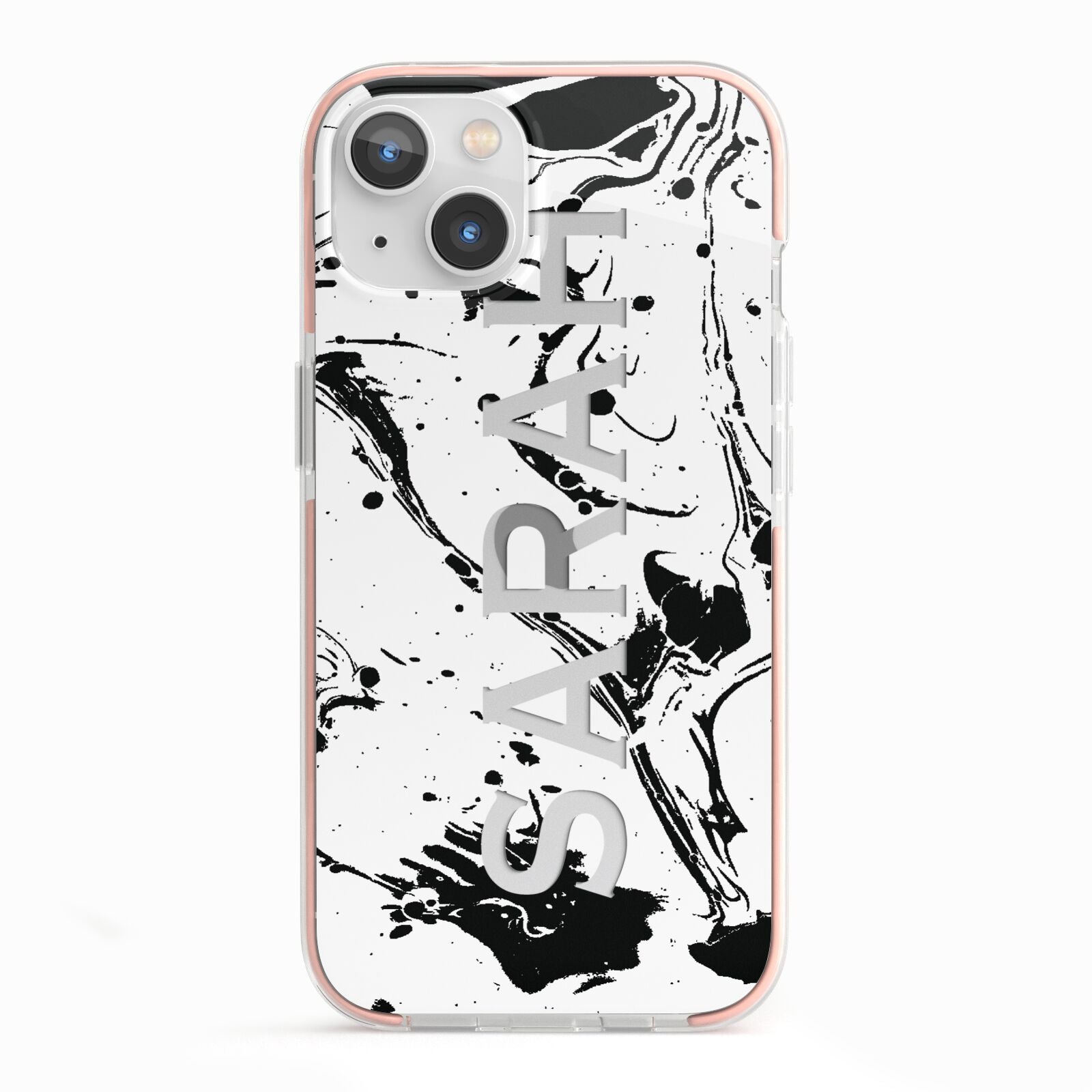 Personalised Clear Name Black Swirl Marble Custom iPhone 13 TPU Impact Case with Pink Edges