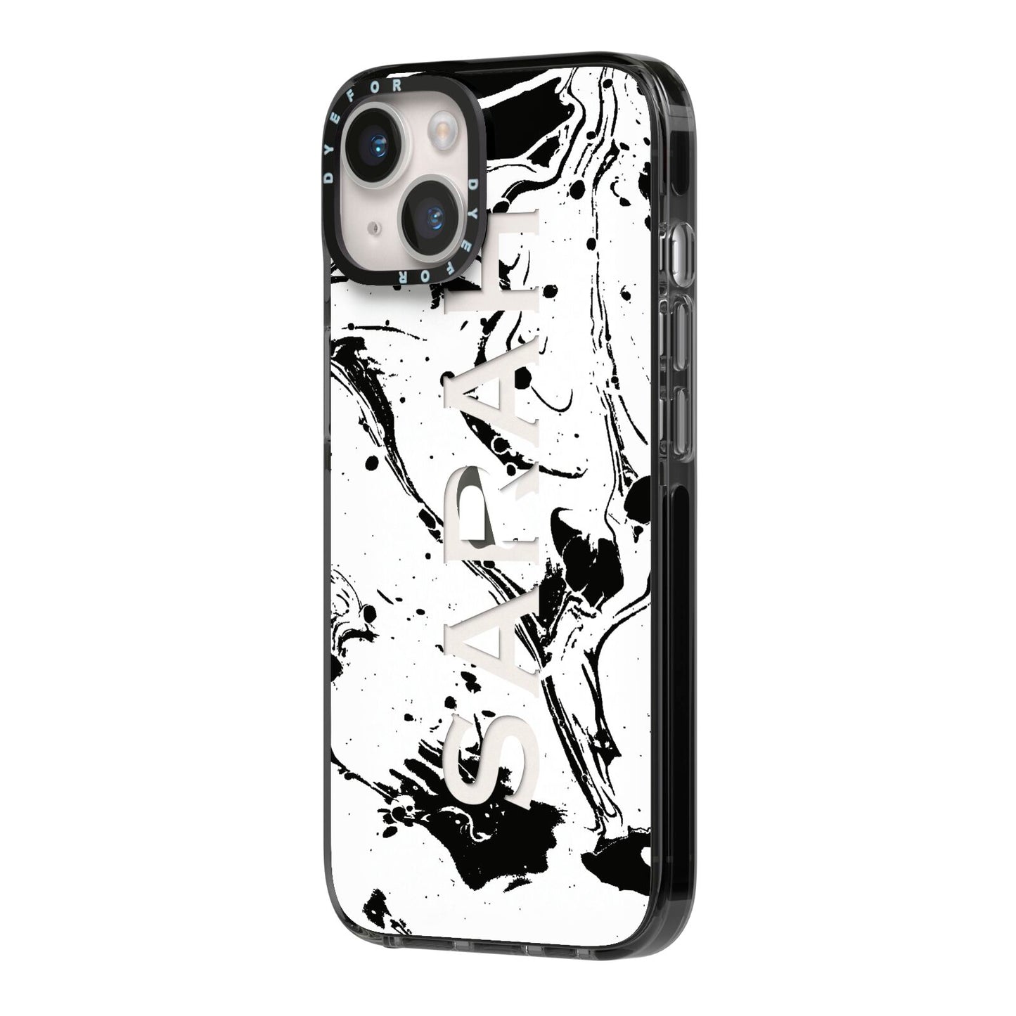 Personalised Clear Name Black Swirl Marble Custom iPhone 14 Black Impact Case Side Angle on Silver phone