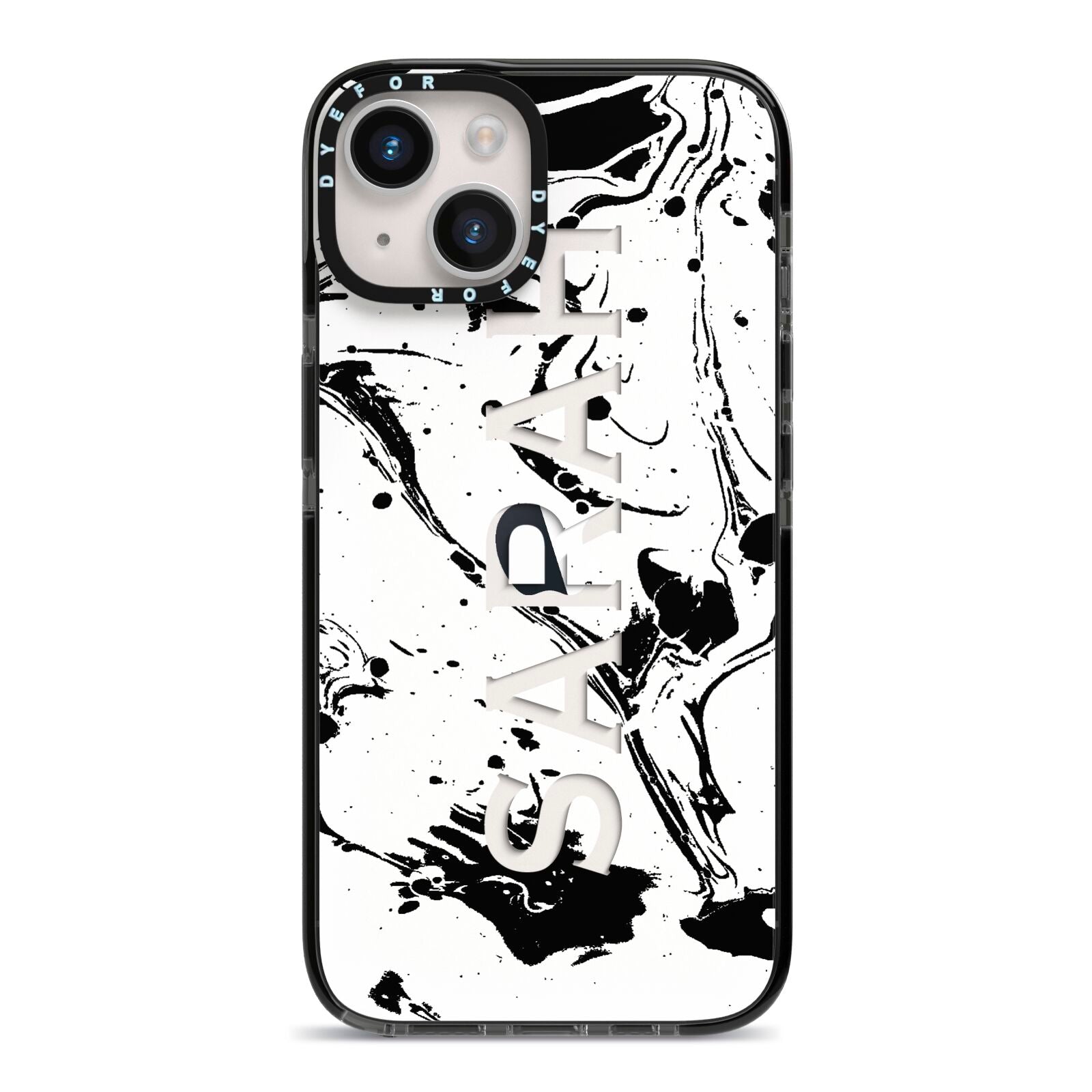 Personalised Clear Name Black Swirl Marble Custom iPhone 14 Black Impact Case on Silver phone