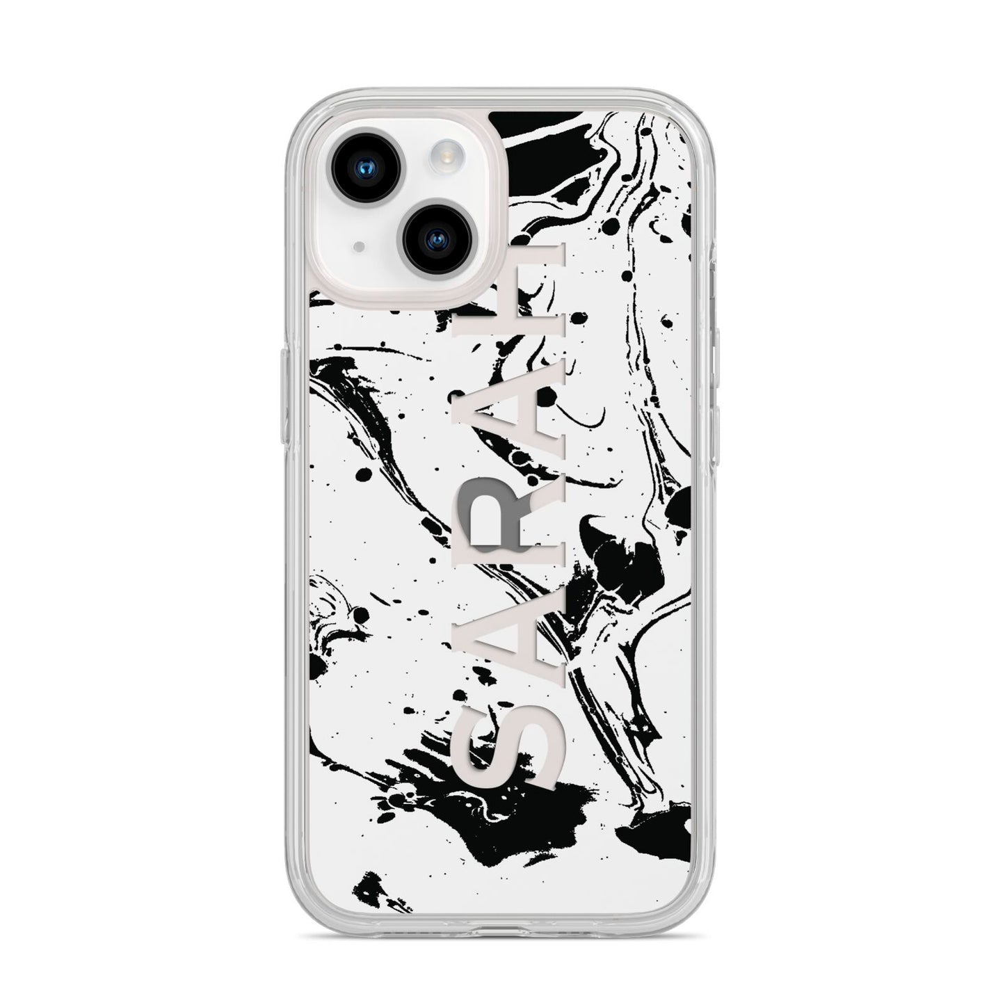 Personalised Clear Name Black Swirl Marble Custom iPhone 14 Clear Tough Case Starlight