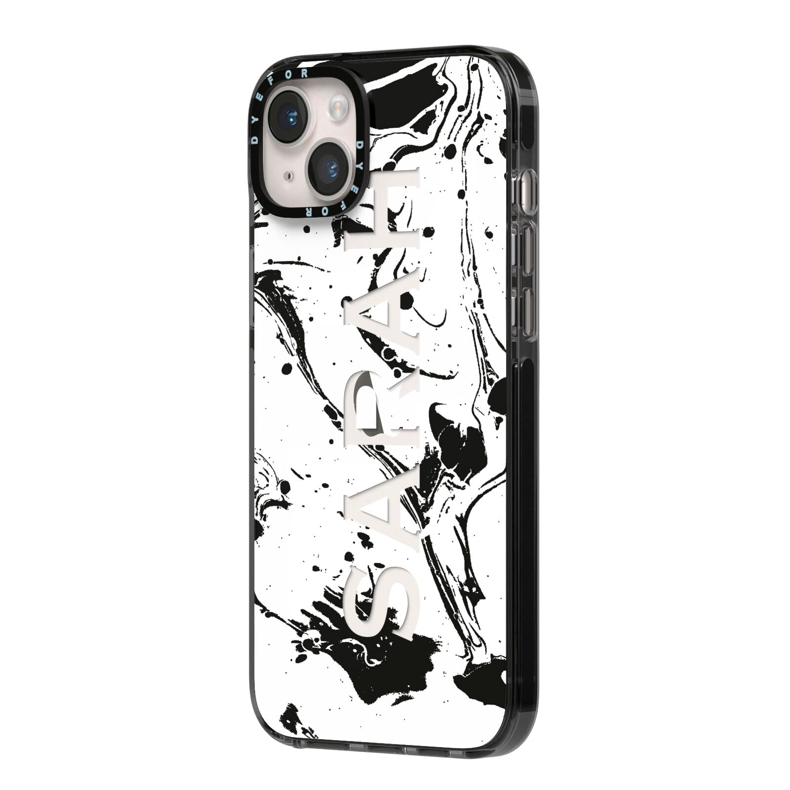 Personalised Clear Name Black Swirl Marble Custom iPhone 14 Plus Black Impact Case Side Angle on Silver phone