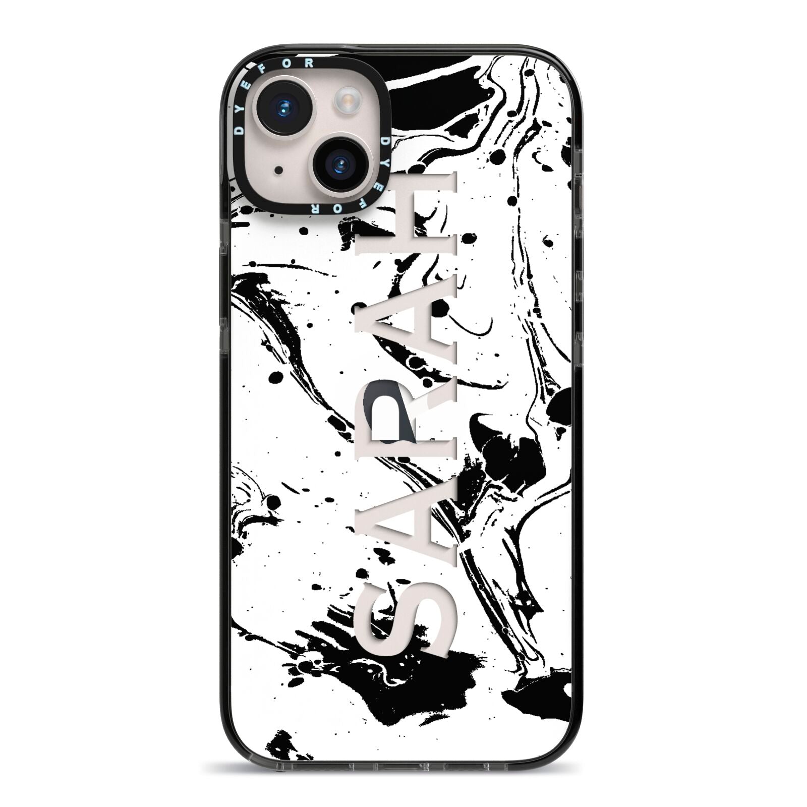 Personalised Clear Name Black Swirl Marble Custom iPhone 14 Plus Black Impact Case on Silver phone