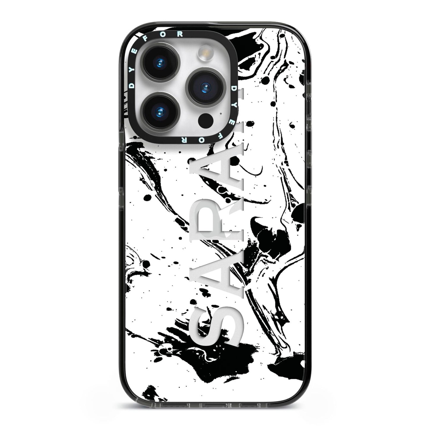 Personalised Clear Name Black Swirl Marble Custom iPhone 14 Pro Black Impact Case on Silver phone