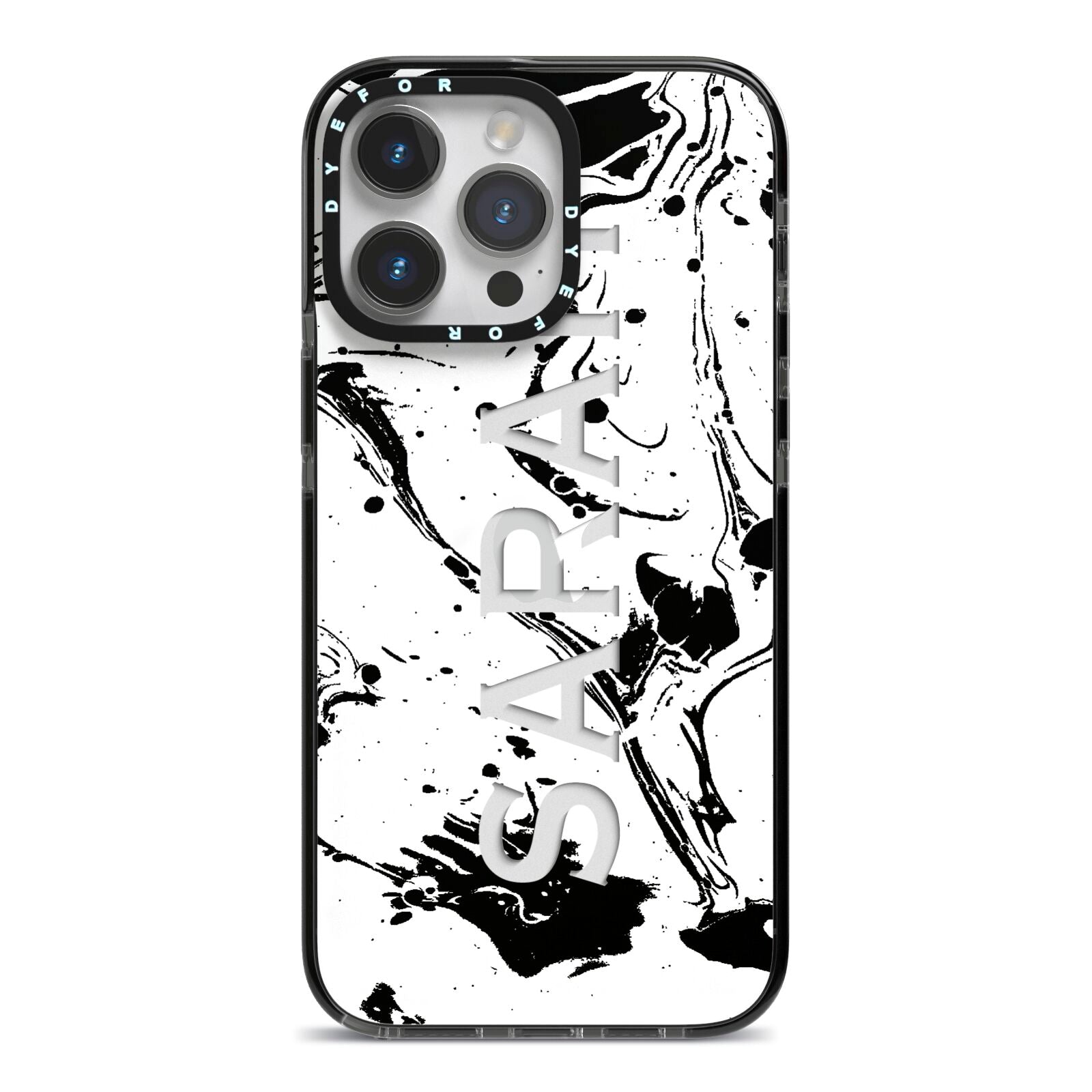 Personalised Clear Name Black Swirl Marble Custom iPhone 14 Pro Max Black Impact Case on Silver phone