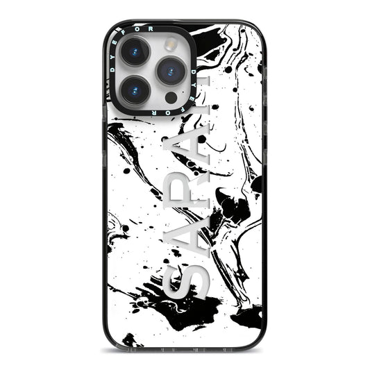 Personalised Clear Name Black Swirl Marble Custom iPhone 14 Pro Max Black Impact Case on Silver phone