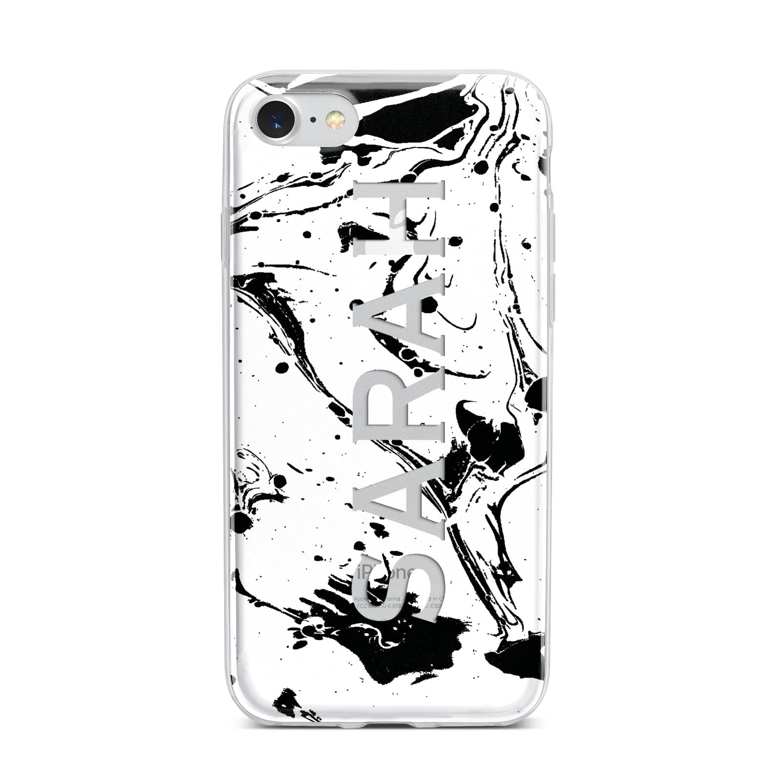 Personalised Clear Name Black Swirl Marble Custom iPhone 7 Bumper Case on Silver iPhone