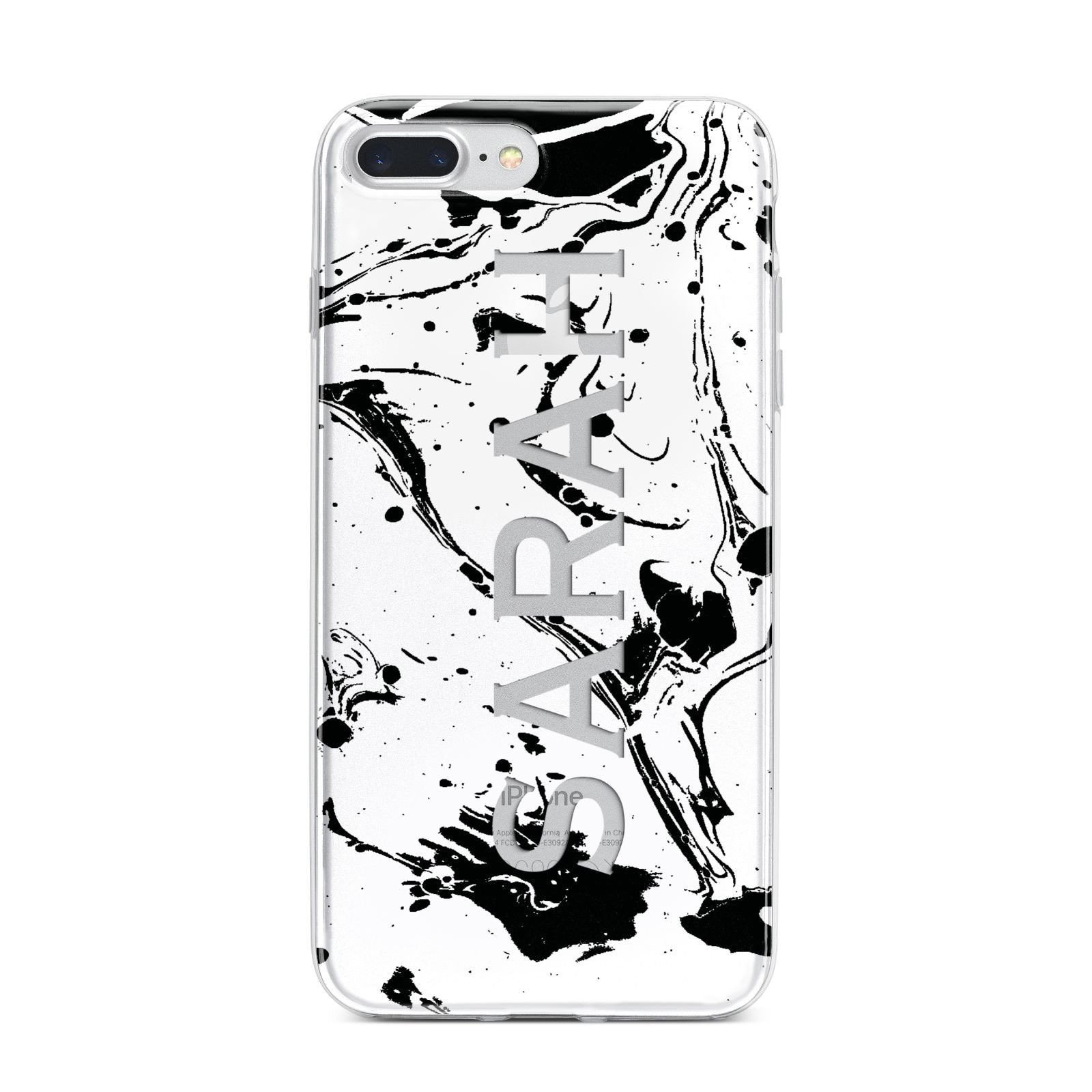 Personalised Clear Name Black Swirl Marble Custom iPhone 7 Plus Bumper Case on Silver iPhone