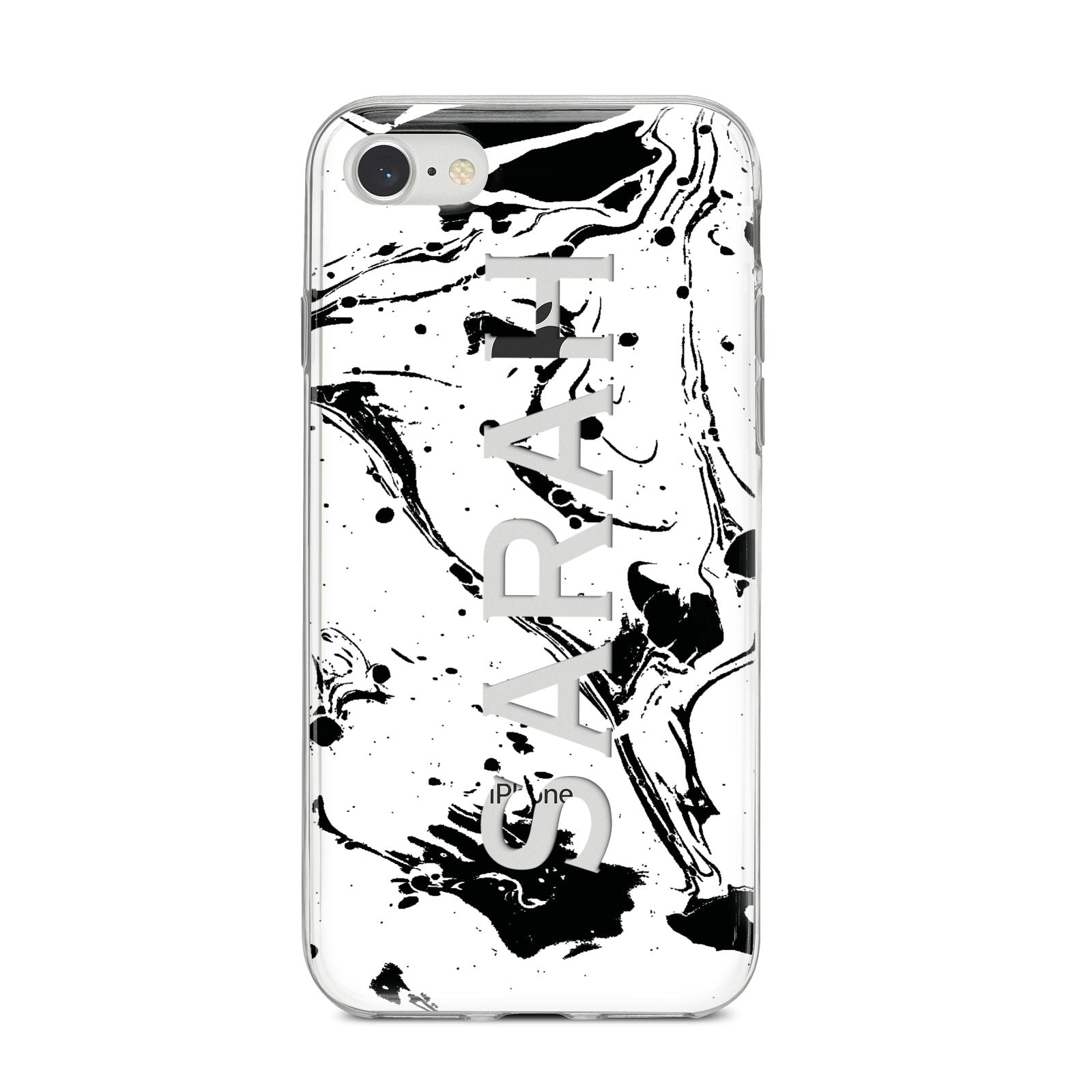 Personalised Clear Name Black Swirl Marble Custom iPhone 8 Bumper Case on Silver iPhone