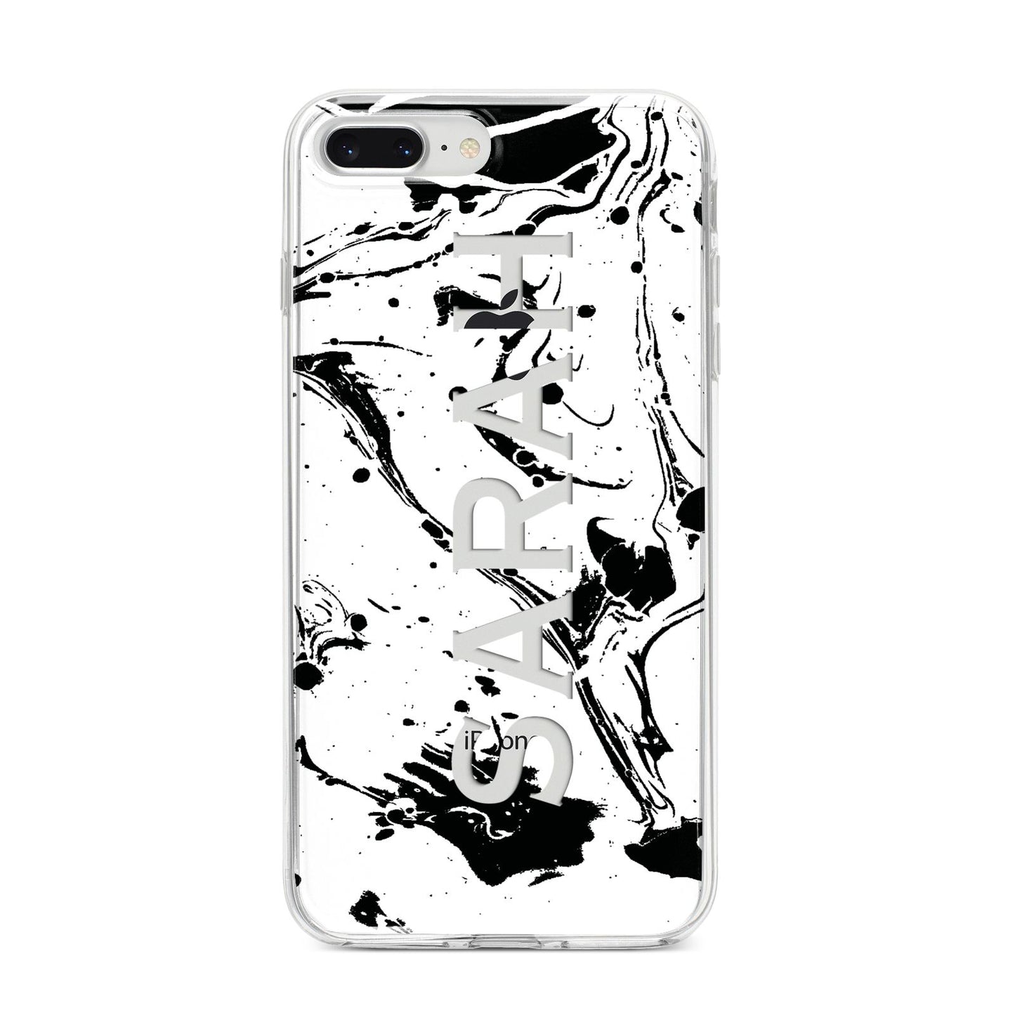 Personalised Clear Name Black Swirl Marble Custom iPhone 8 Plus Bumper Case on Silver iPhone