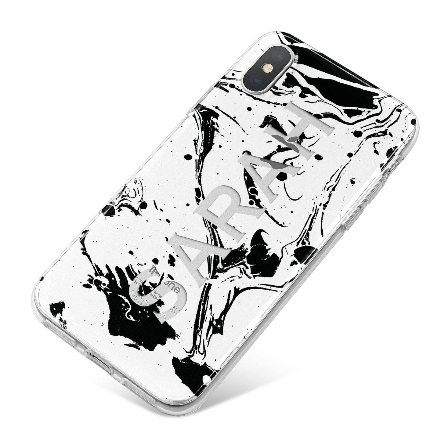 Personalised Clear Name Black Swirl Marble Custom iPhone X Bumper Case on Silver iPhone