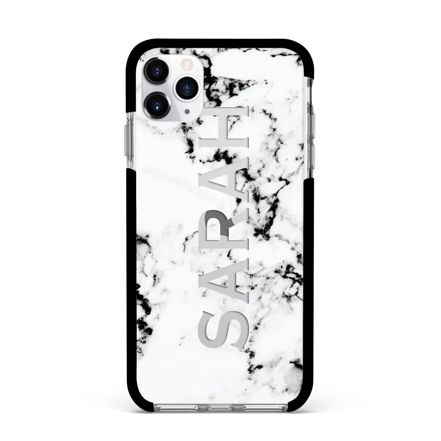 Personalised Clear Name Black White Marble Custom Apple iPhone 11 Pro Max in Silver with Black Impact Case