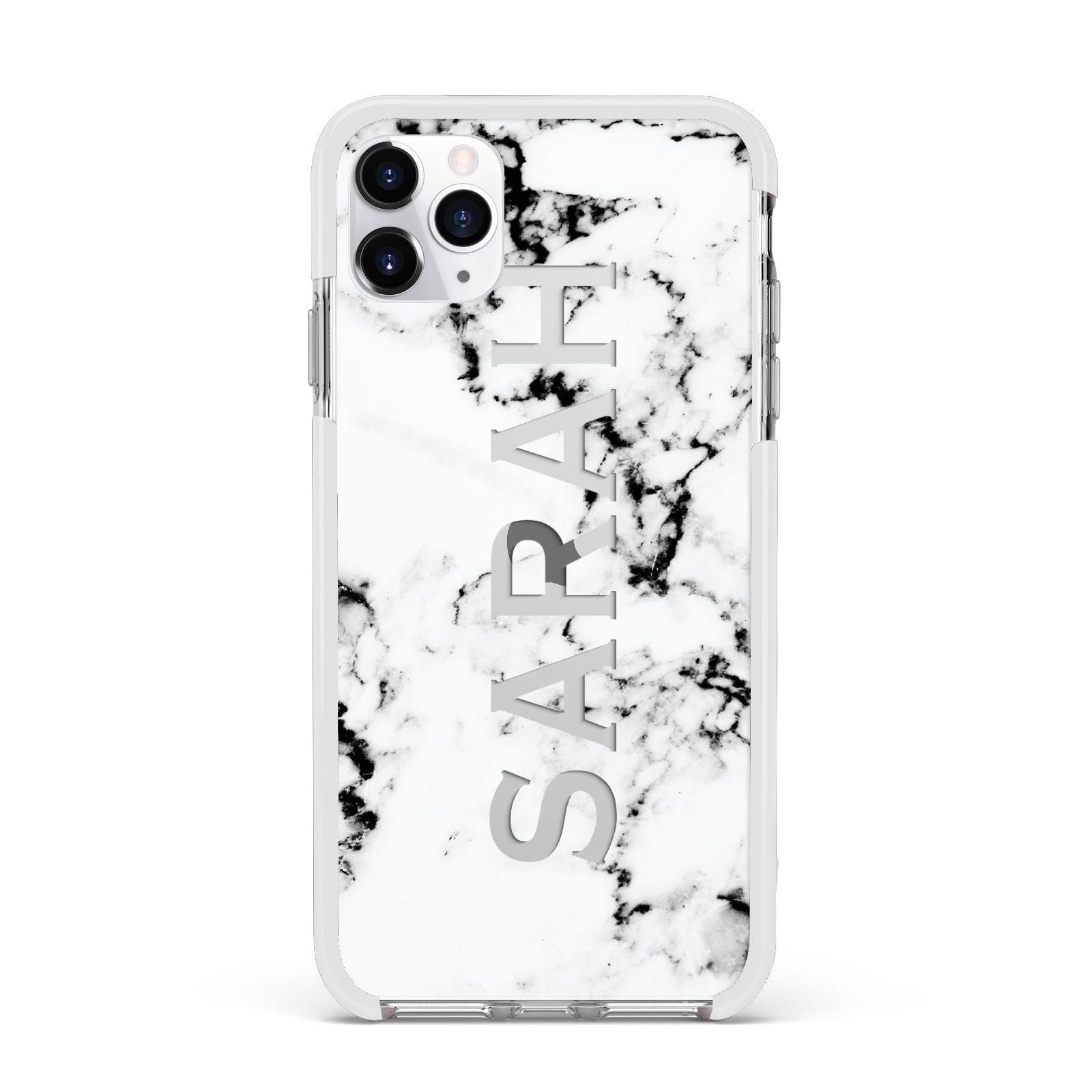 Personalised Clear Name Black White Marble Custom Apple iPhone 11 Pro Max in Silver with White Impact Case