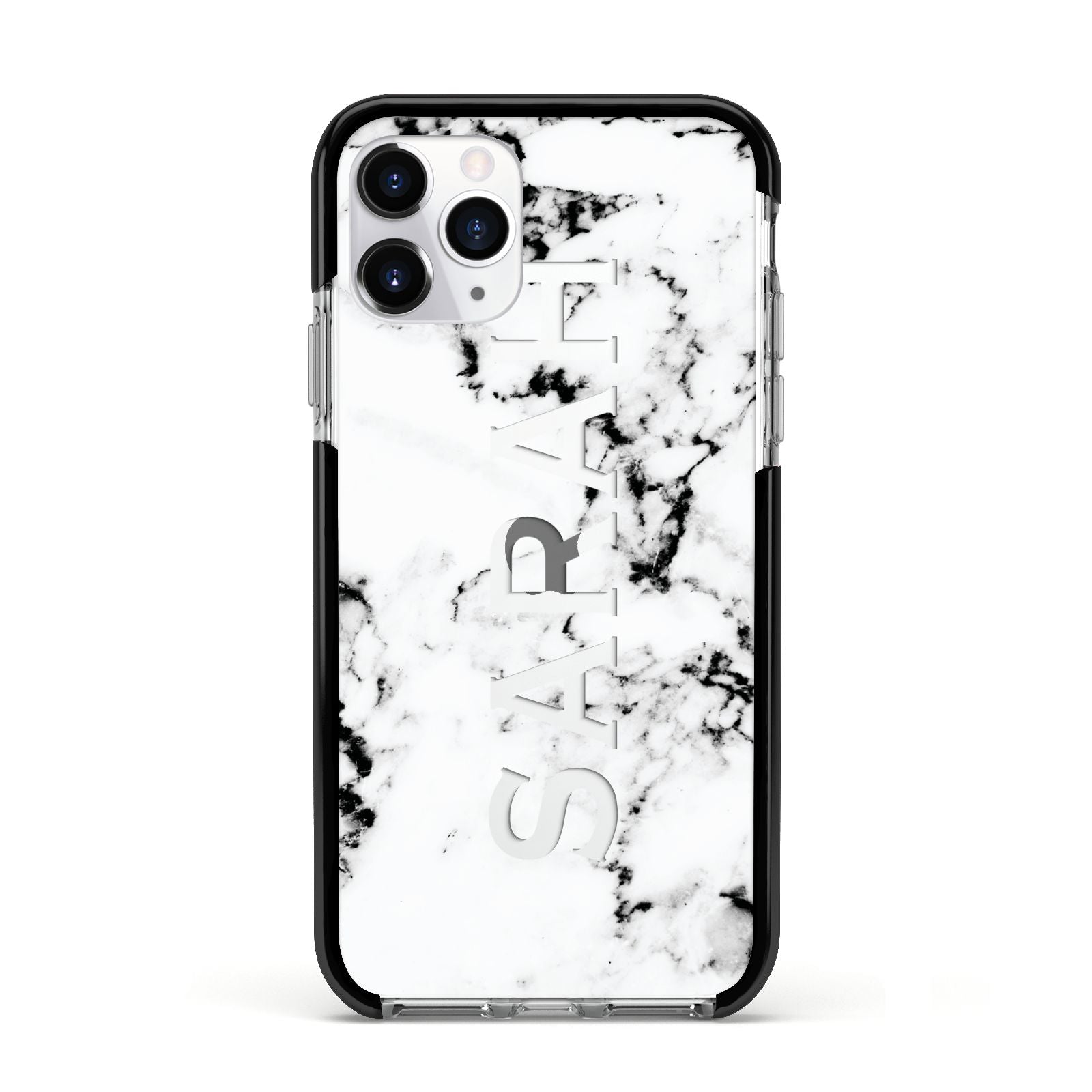 Personalised Clear Name Black White Marble Custom Apple iPhone 11 Pro in Silver with Black Impact Case