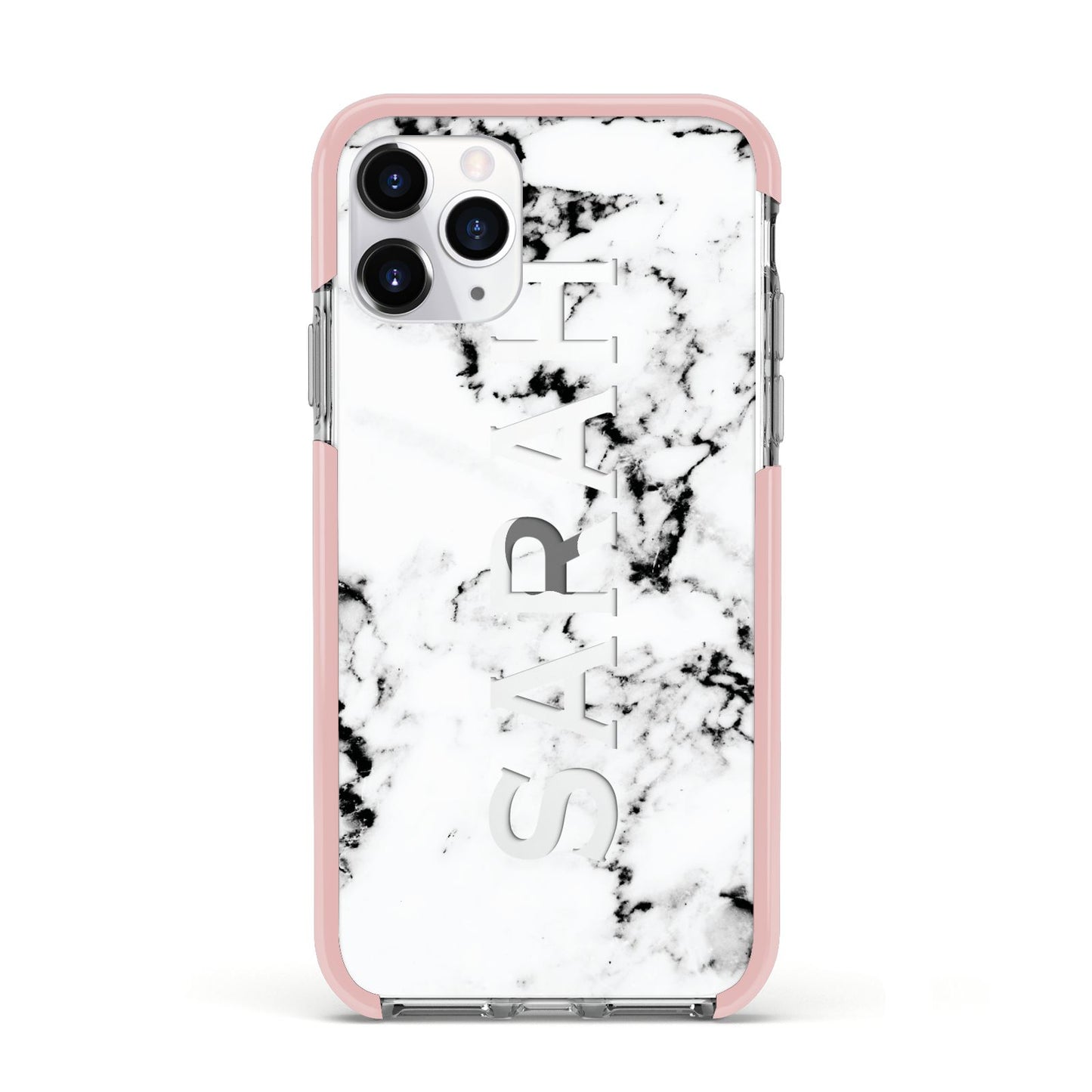 Personalised Clear Name Black White Marble Custom Apple iPhone 11 Pro in Silver with Pink Impact Case