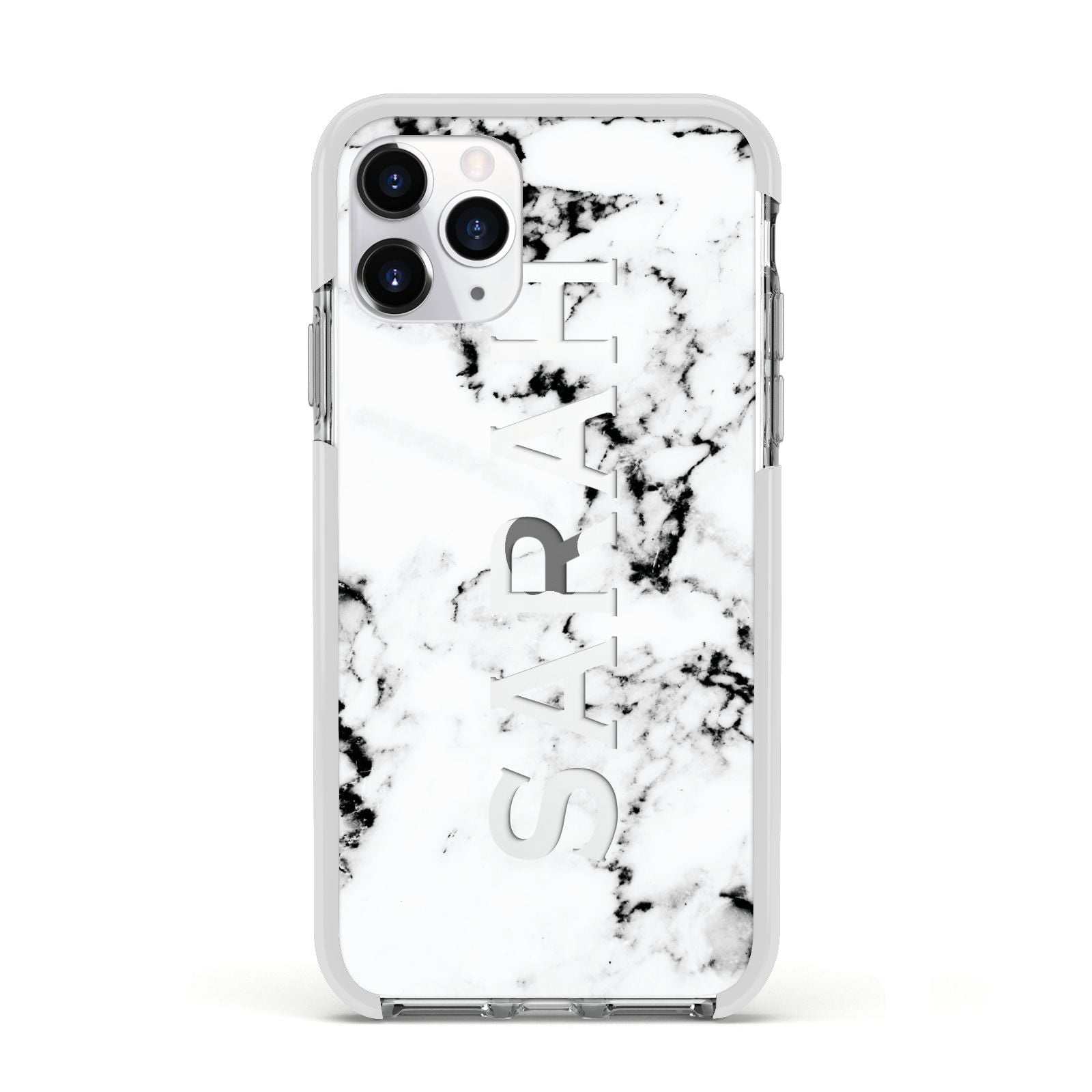 Personalised Clear Name Black White Marble Custom Apple iPhone 11 Pro in Silver with White Impact Case