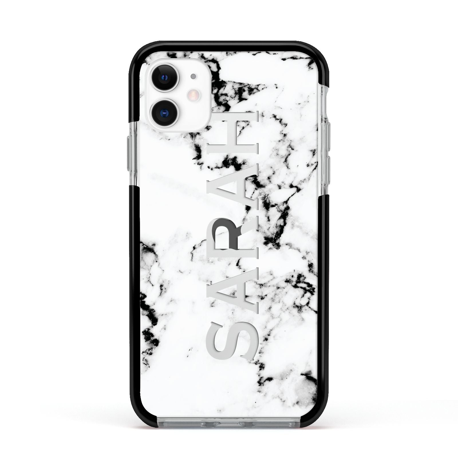 Personalised Clear Name Black White Marble Custom Apple iPhone 11 in White with Black Impact Case