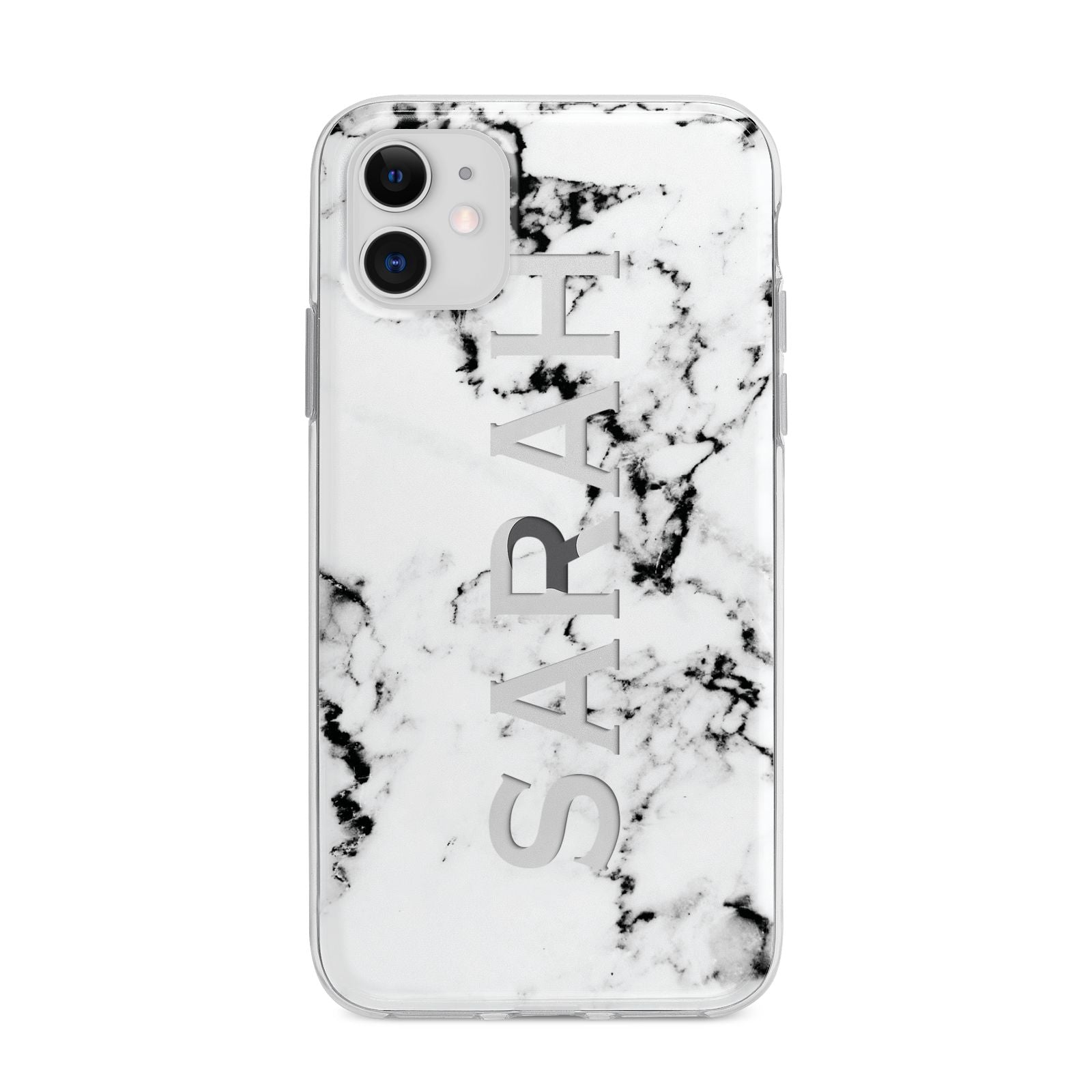 Personalised Clear Name Black White Marble Custom Apple iPhone 11 in White with Bumper Case