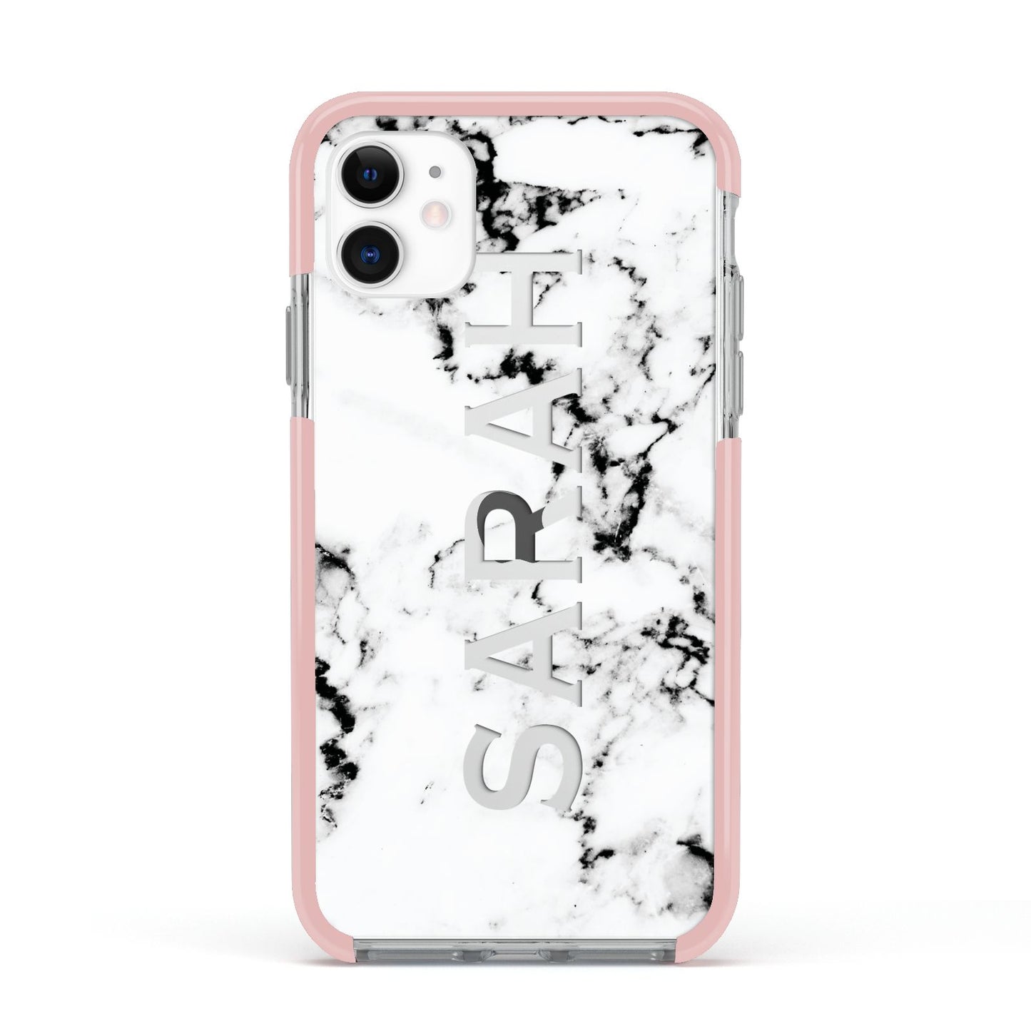 Personalised Clear Name Black White Marble Custom Apple iPhone 11 in White with Pink Impact Case