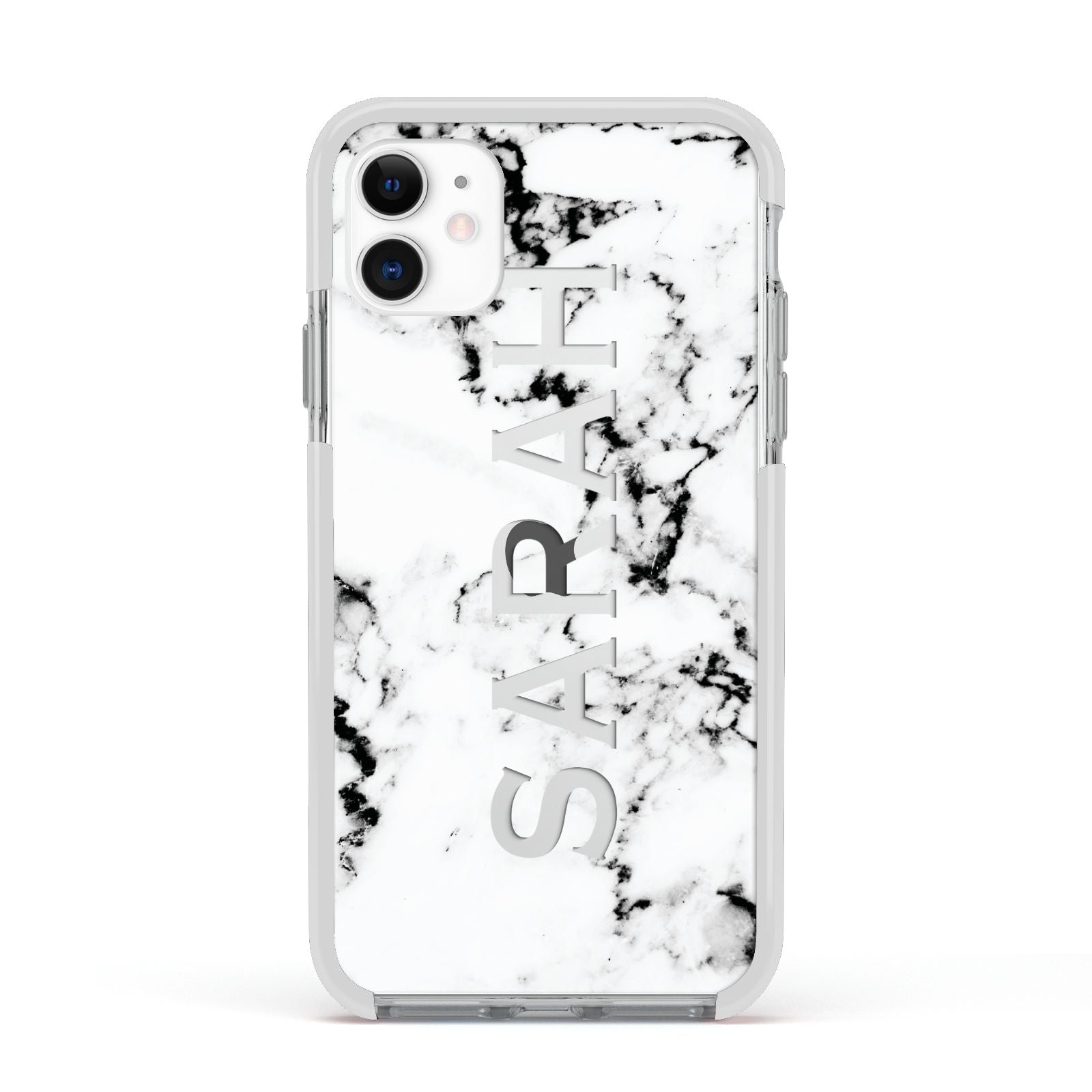 Personalised Clear Name Black White Marble Custom Apple iPhone 11 in White with White Impact Case