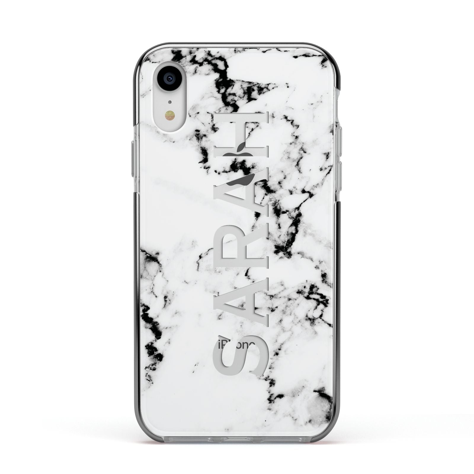 Personalised Clear Name Black White Marble Custom Apple iPhone XR Impact Case Black Edge on Silver Phone