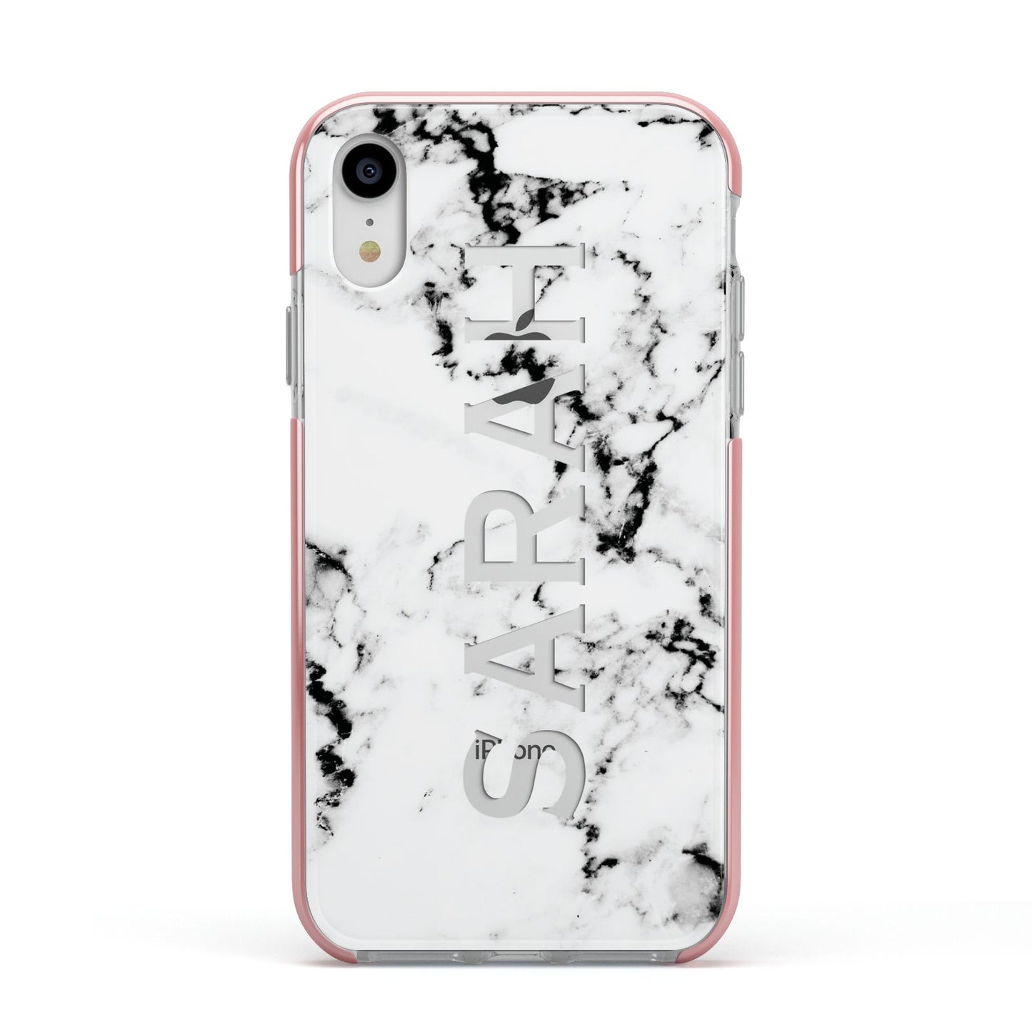 Personalised Clear Name Black White Marble Custom Apple iPhone XR Impact Case Pink Edge on Silver Phone