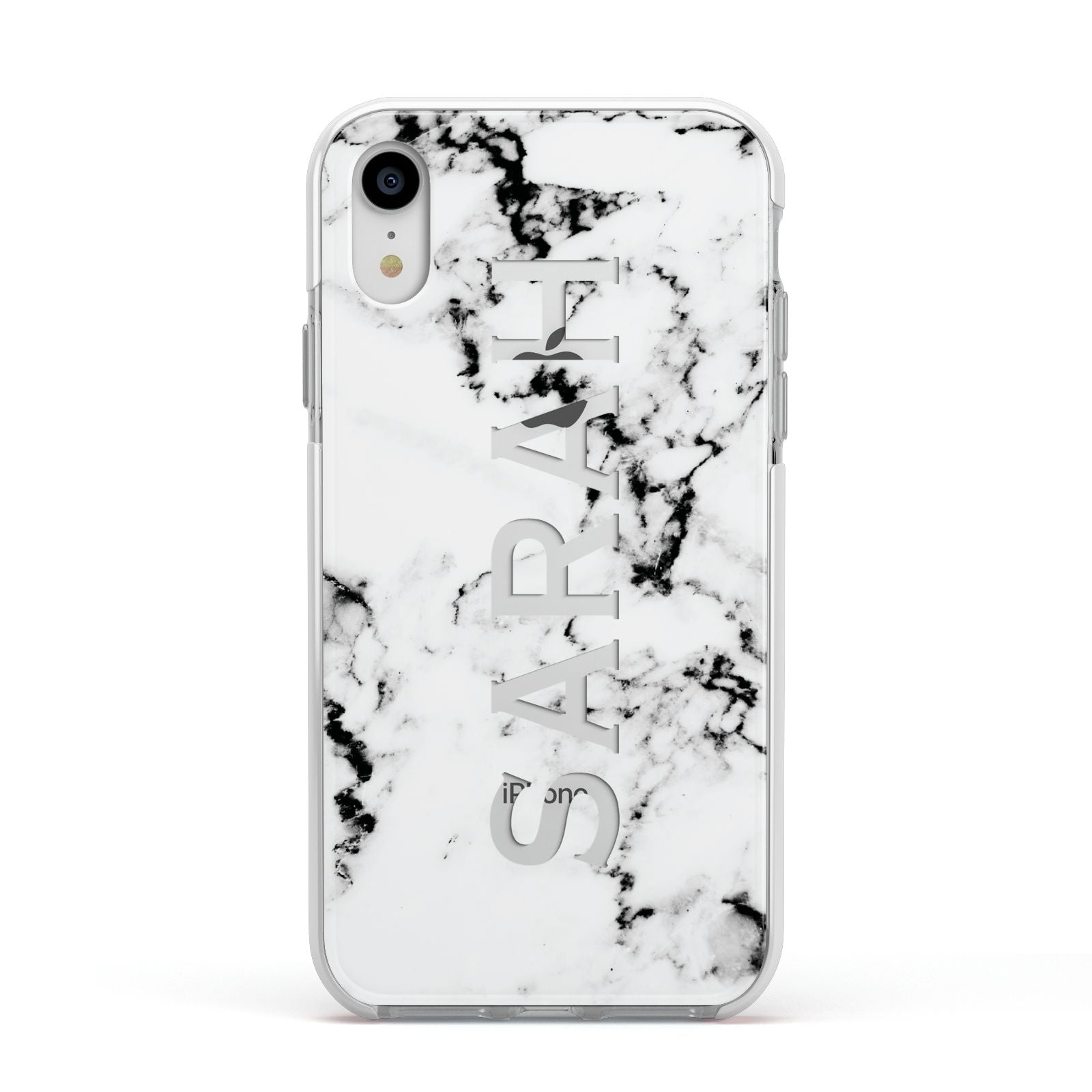 Personalised Clear Name Black White Marble Custom Apple iPhone XR Impact Case White Edge on Silver Phone