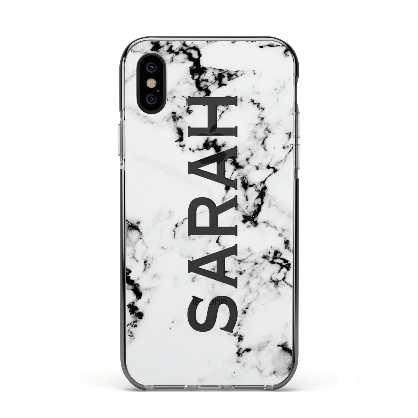 Personalised Clear Name Black White Marble Custom Apple iPhone Xs Impact Case Black Edge on Black Phone