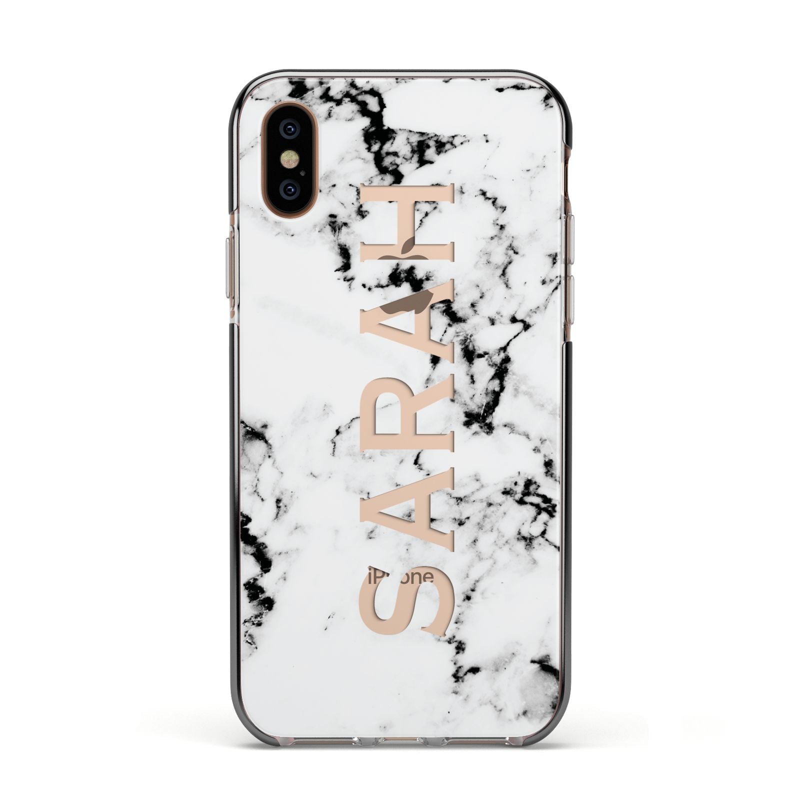 Personalised Clear Name Black White Marble Custom Apple iPhone Xs Impact Case Black Edge on Gold Phone