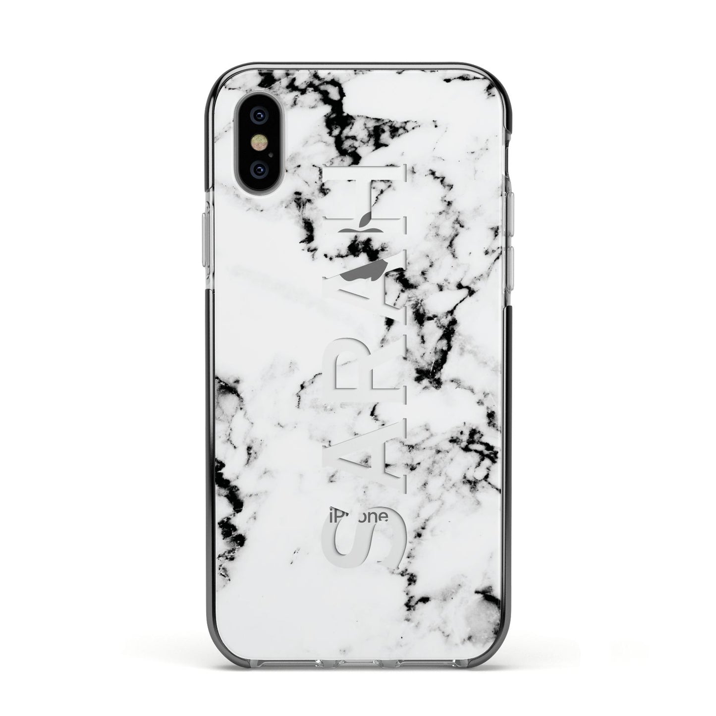 Personalised Clear Name Black White Marble Custom Apple iPhone Xs Impact Case Black Edge on Silver Phone