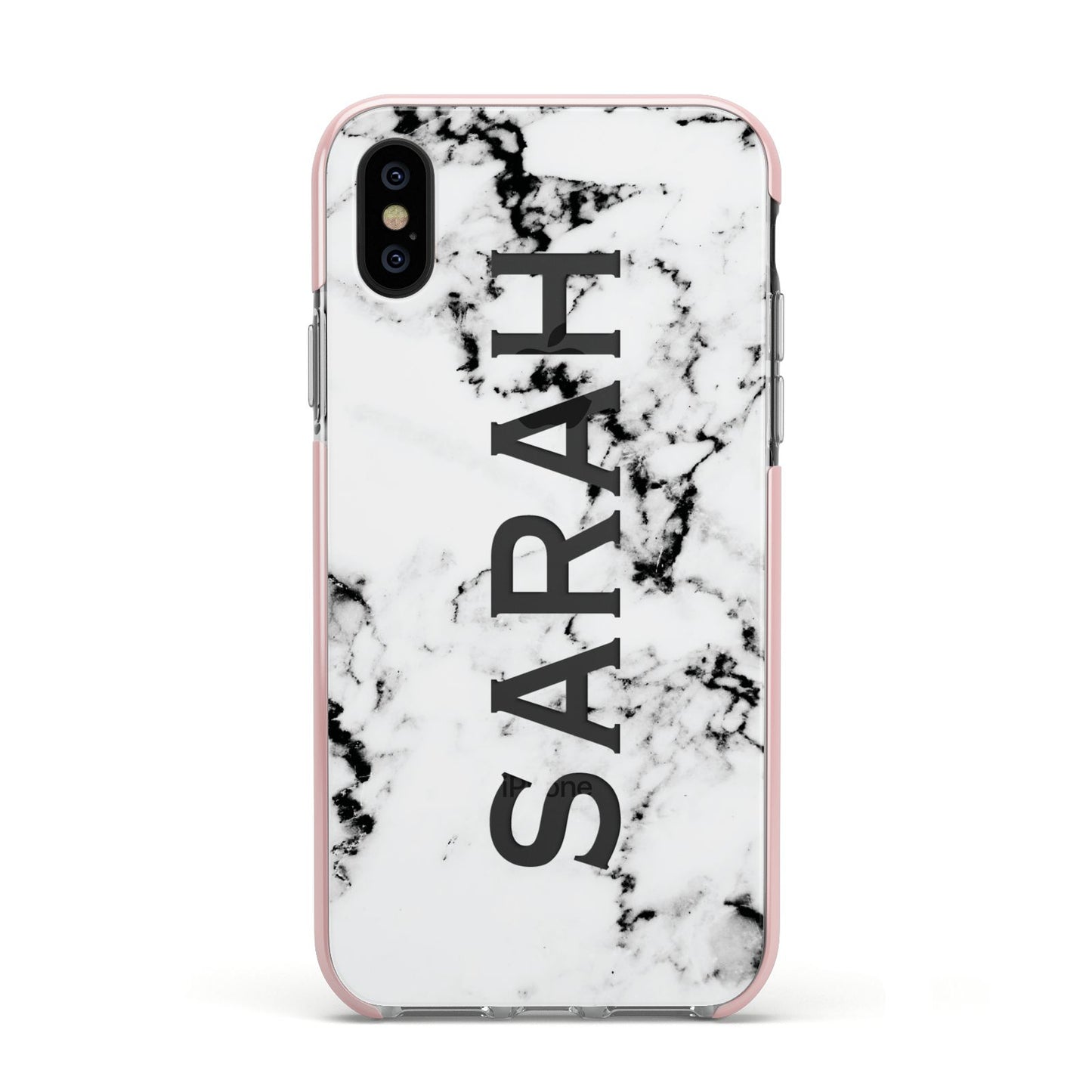 Personalised Clear Name Black White Marble Custom Apple iPhone Xs Impact Case Pink Edge on Black Phone