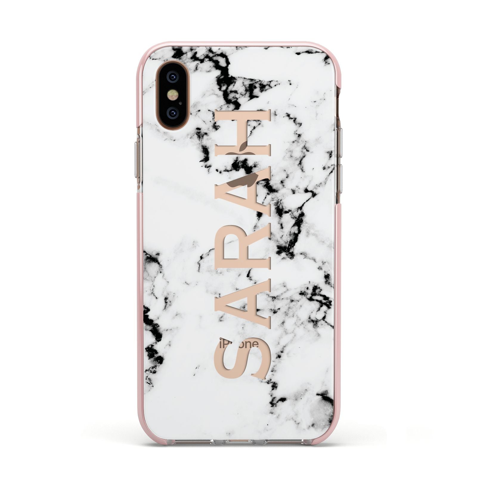 Personalised Clear Name Black White Marble Custom Apple iPhone Xs Impact Case Pink Edge on Gold Phone